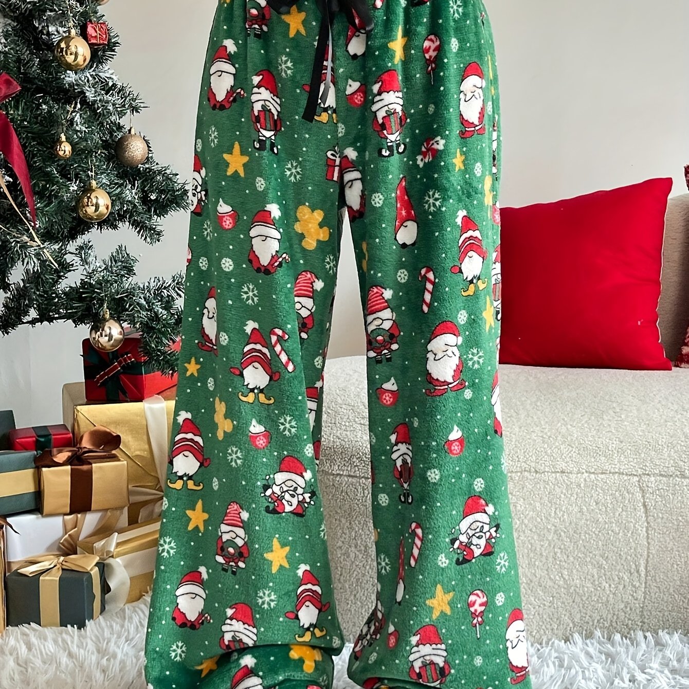 Women's Christmas Santa Claus Pattern Wide-looking Loose Pants Suitable For Winter - Elastic Drawstring Waist Soft Pants, Casual Winter Outfits, Holiday Wear, Machine Washable Comfortable Pants
