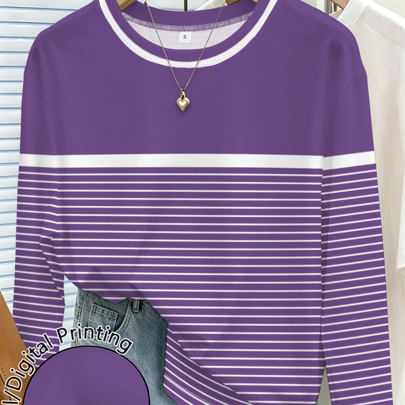 TEMU Plus Size - Purple Striped Women's Printed Round-neck Long-sleeve Top, Fashionable And Casual, Suitable For Everyday Wear