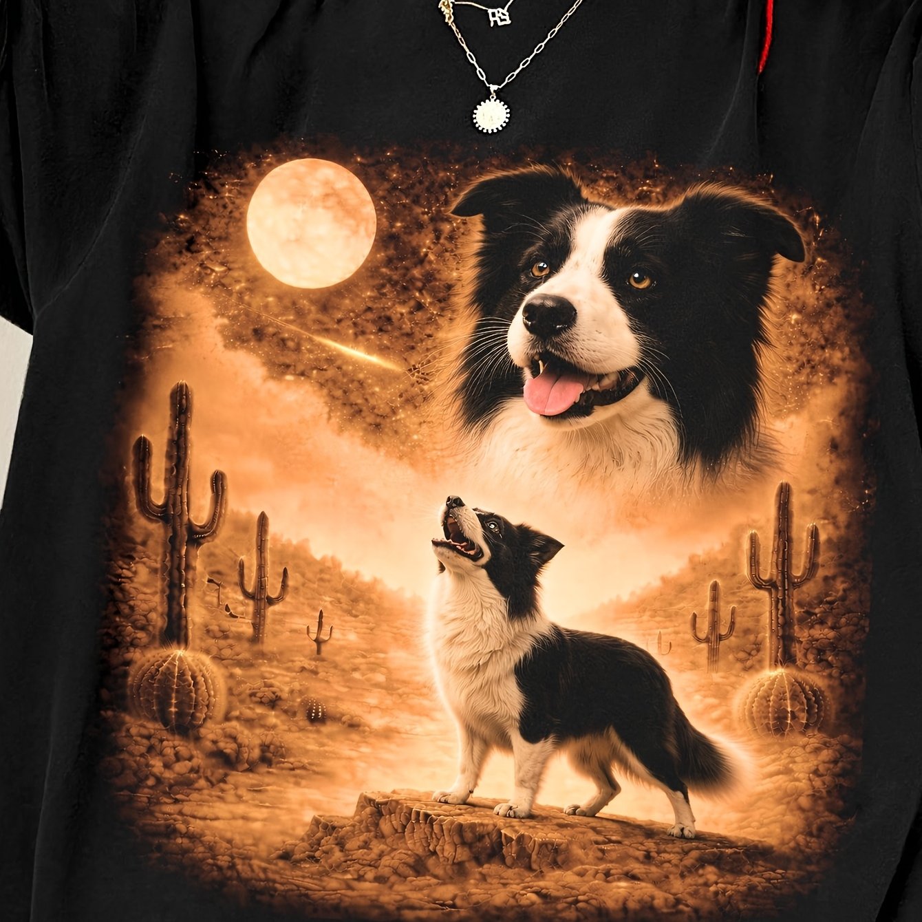 Image of Border Collie Moon Vintage 90s Retro Celestial Night For Mens T Shirt Round Neck 180g Cotton Top