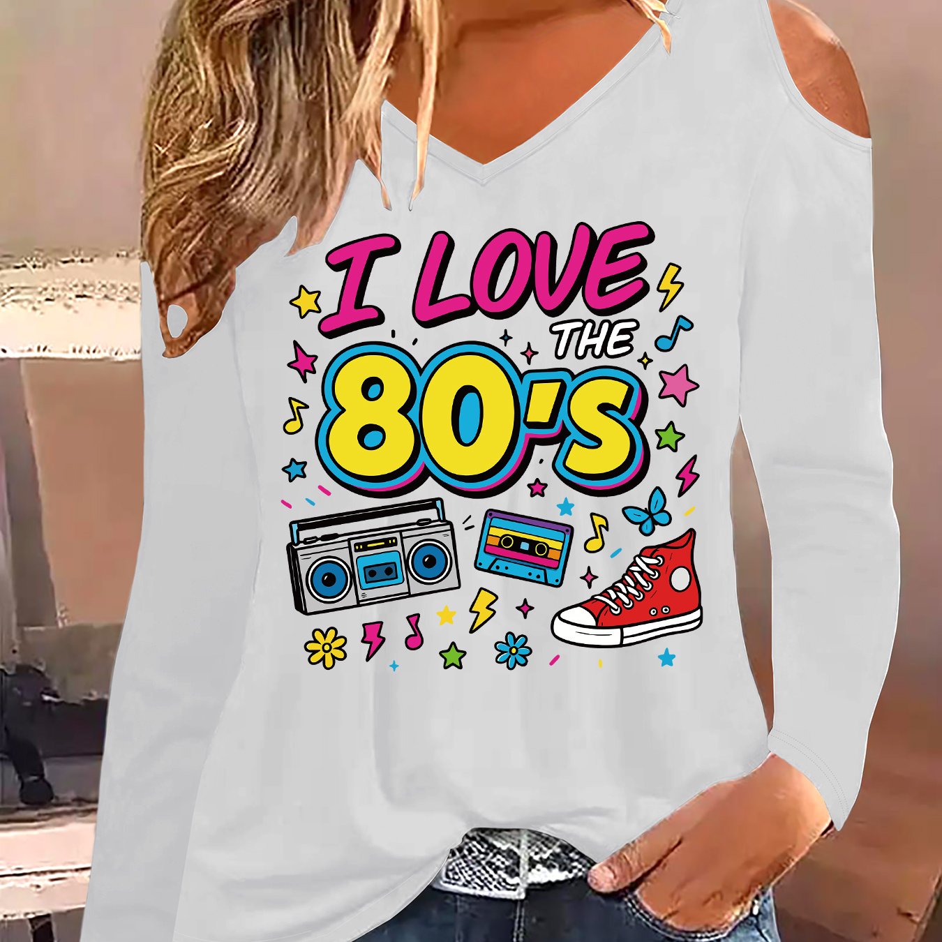 TEMU Women's Spring And Autumn Off-shoulder Long Sleeve T-shirt, Featuring An 80s Themed Print With A V-neck Design, Casual Vintage Style Top