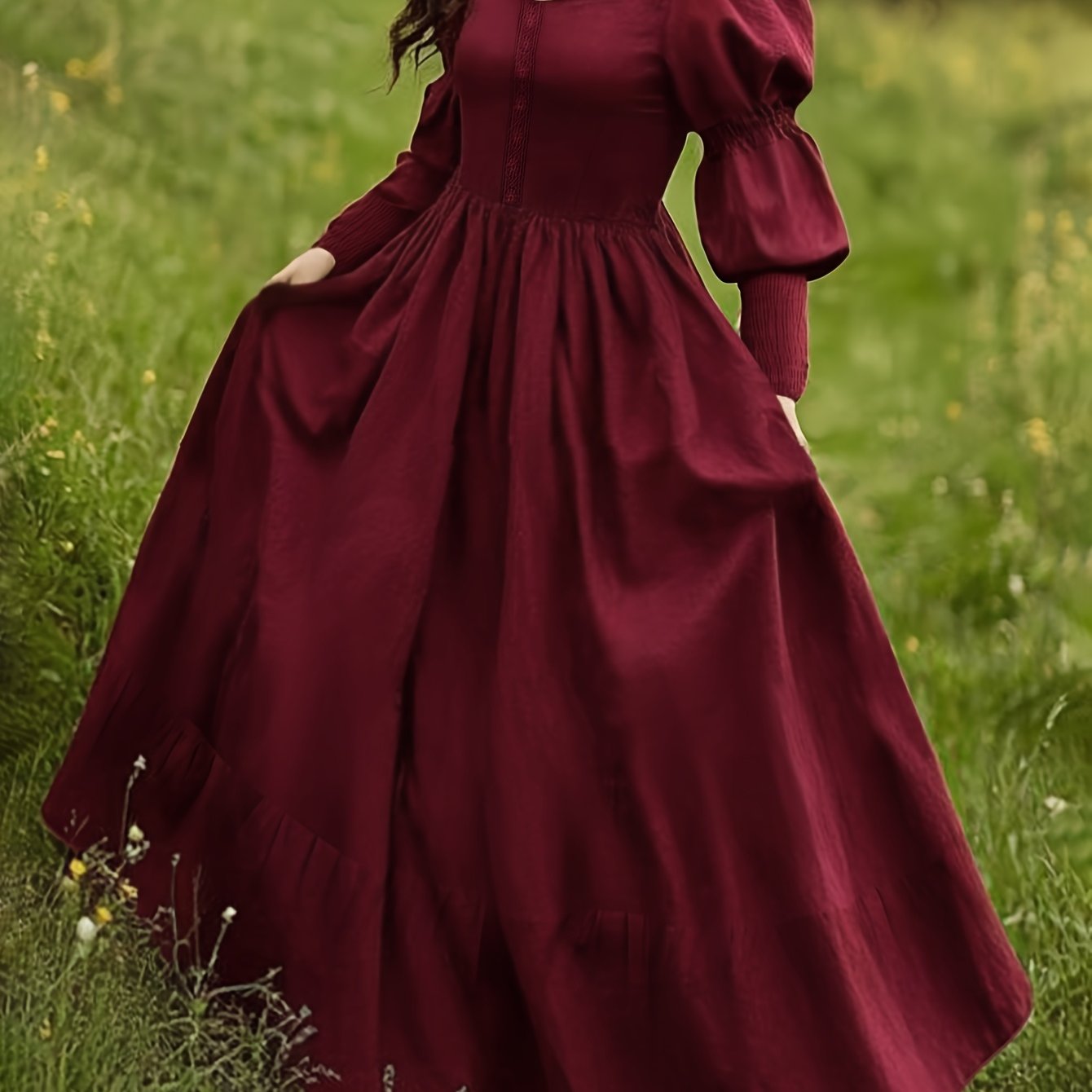 E-shop Elegantes, einfarbiges Damenkleid für Frühling, Sommer, Herbst und Winter mit schmaler Passform, langem Ärmel, quadratischem Kragen, Falten,