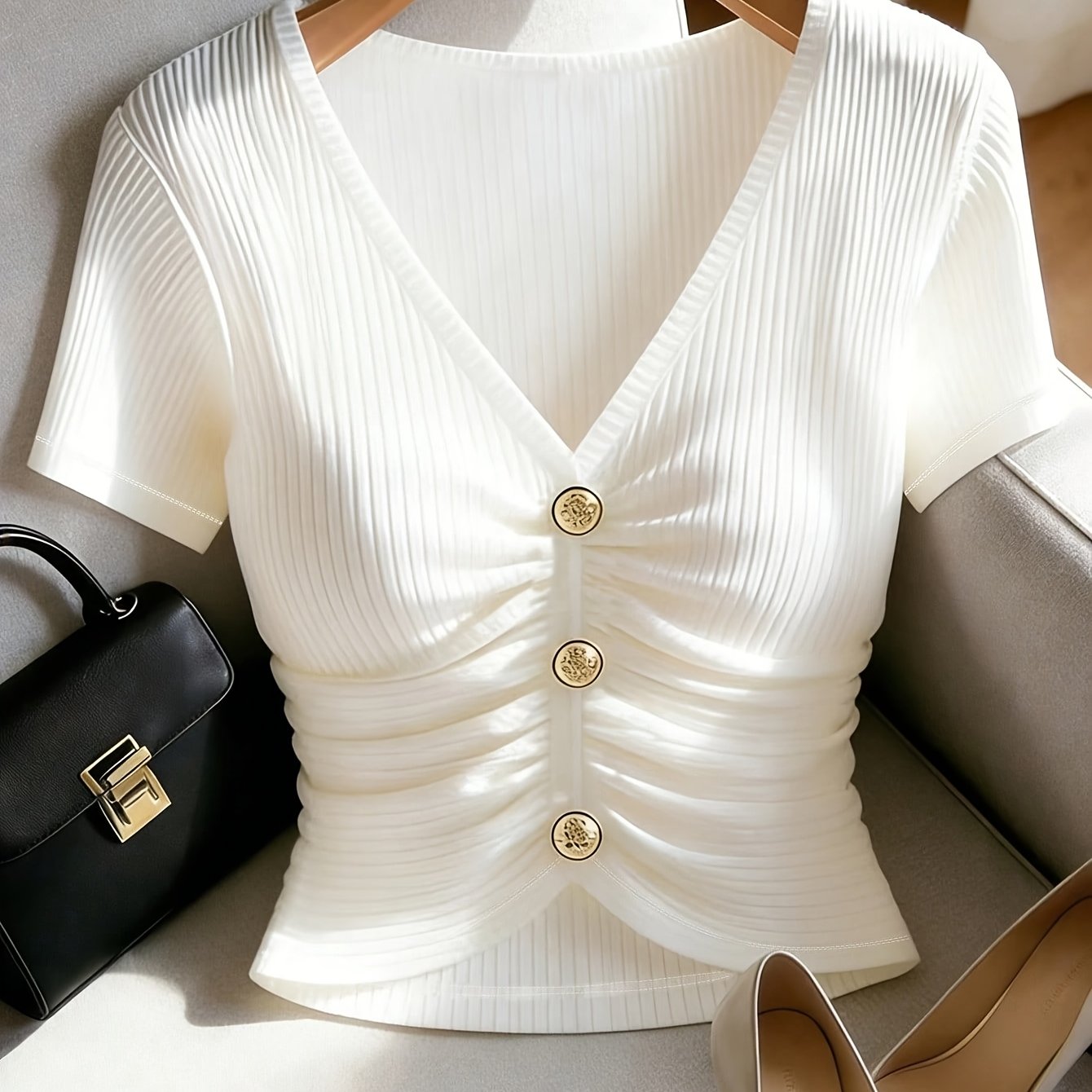 TEMU Summer Women's Slim Fit Elegant White V-neck Short Sleeve Top, High-stretch Ruched Metallic Button Short Blouse, Office Business Casual Wear