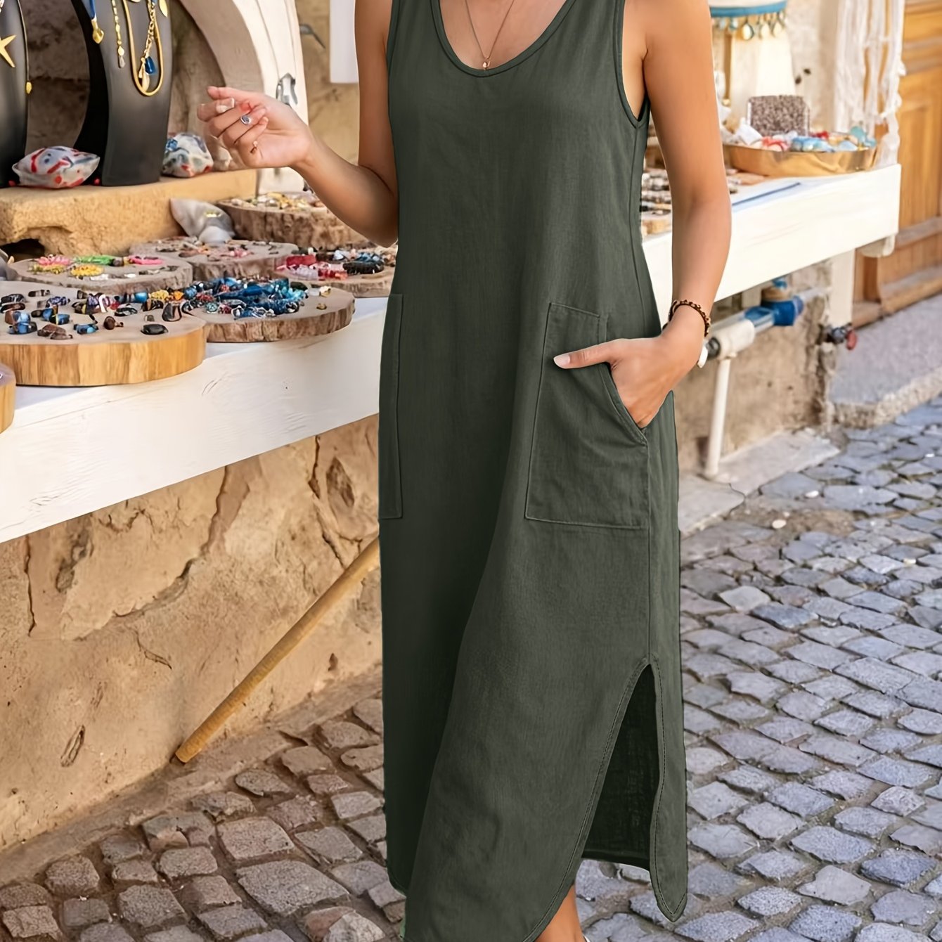 TEMU Sleeveless Casual Dress | Crew Neck, Solid Color, Split Detail, Fitted, Spring/fall, Brand: Amnfuil