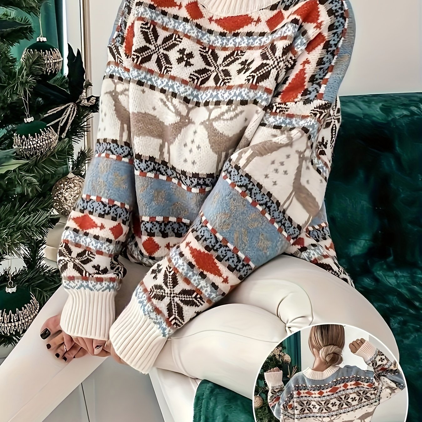 TEMU Cozy Christmas Reindeer Geometric Pattern Sweater - Casual Crew Neck, Long Sleeve Pullover For Women