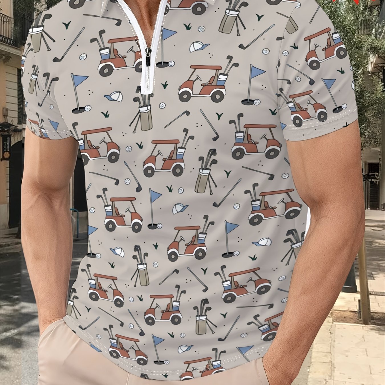 TEMU Men's Print Zip-up Shirt With Golf Cart Pattern, Casual Lapel Short-sleeve T-shirt, Summer Breathable Sport Top