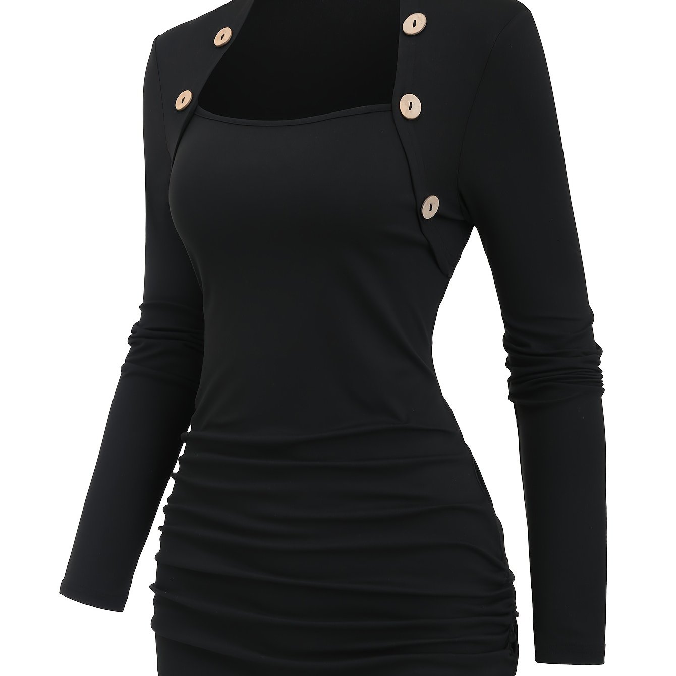 TEMU Chic Button-detail Long Sleeve Top For Women - Casual, Stretchy Polyester & Spandex Blend, Machine Washable - Fall/winter