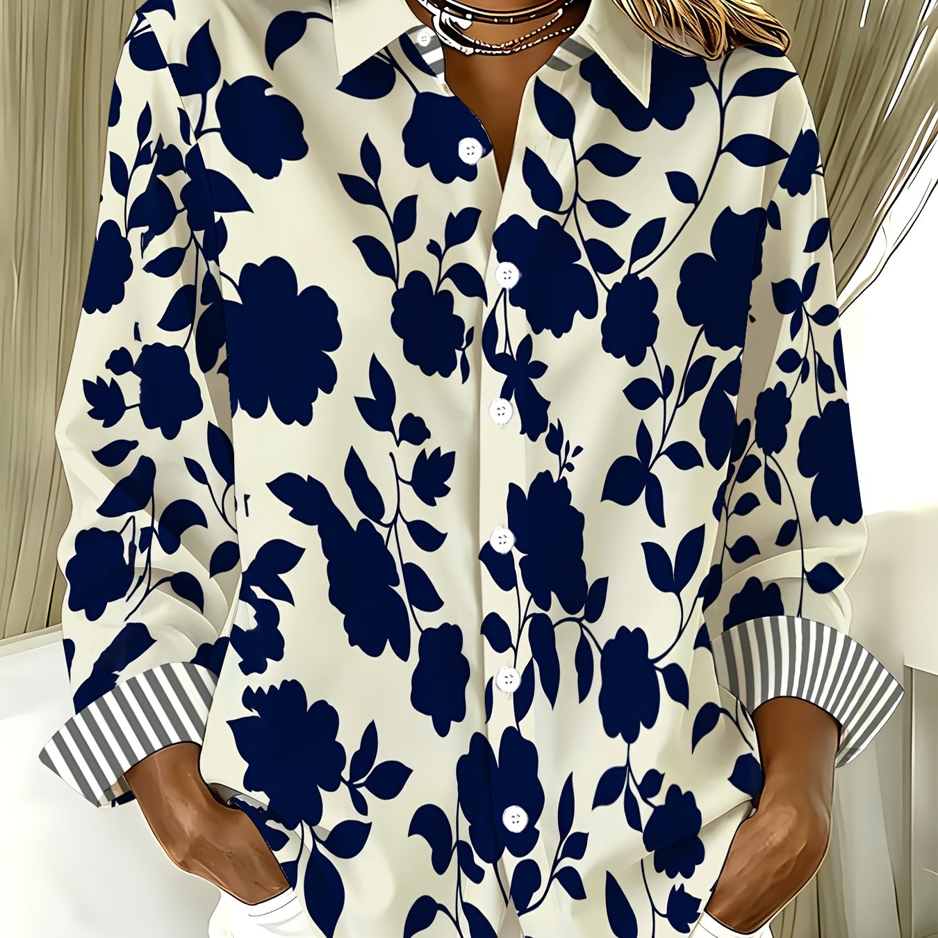 TEMU Chemise boutonnée décontractée avec fond blanc et imprimé floral bleu, multicolore, disponibles en plusieurs tailles [Design imprimé - Non