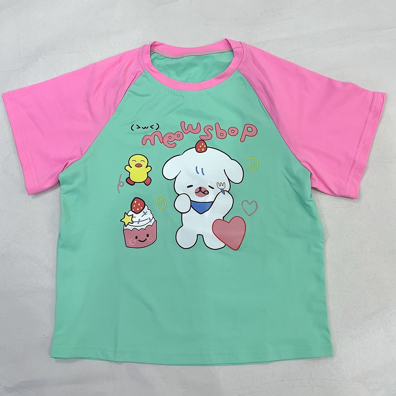 TEMU Women's Y2k-inspired Cartoon Dog Print T-shirt - & Pink, Polyester, Short Sleeve, Crew Neck, Cute Anime Graphic Tee With 