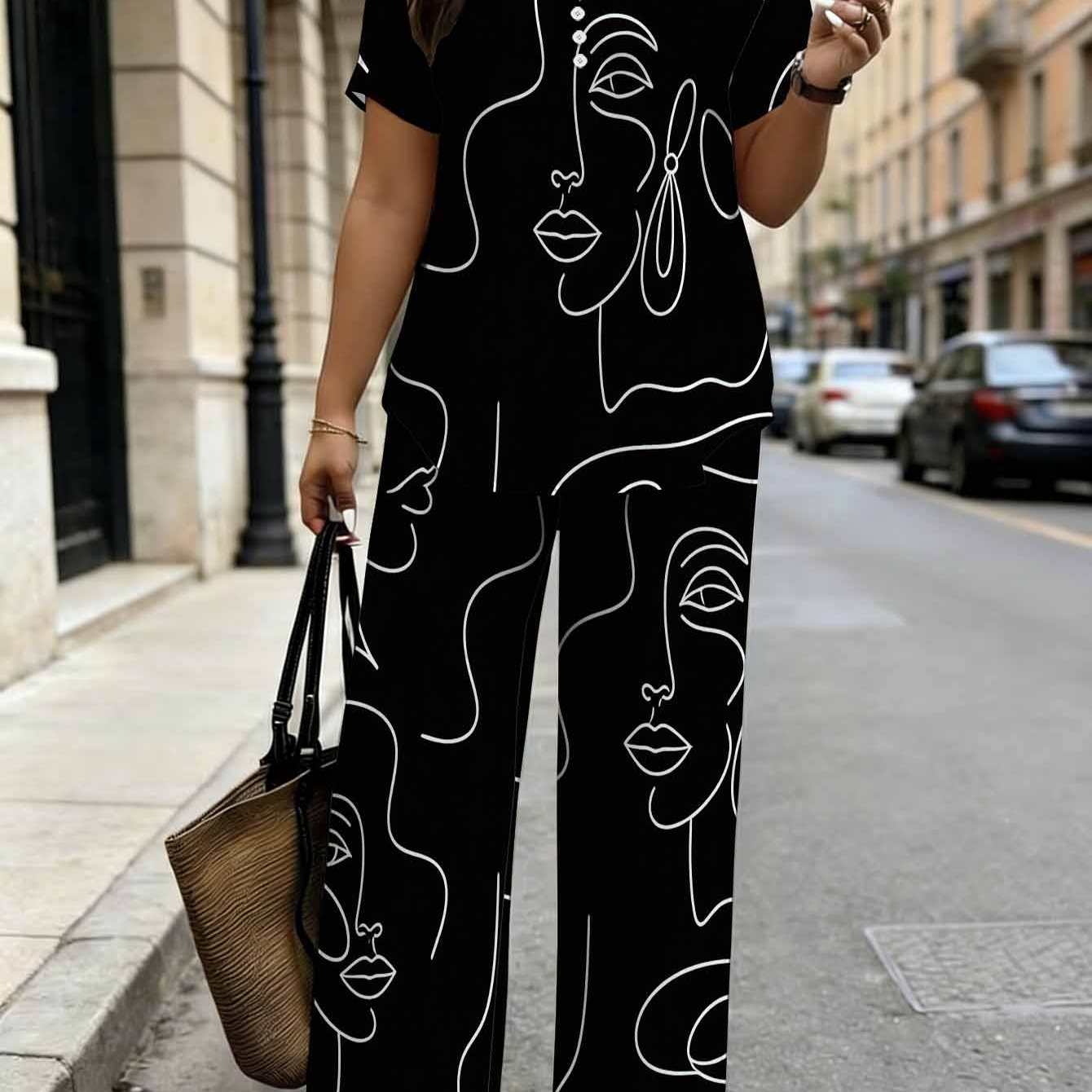 Image of Plus Size, Plus Size Women's Fashion 2pcs Set. Abstract Line Art Face Pattern Black And White Minimalist Artistic Print Design. Suitable For Spring Summer Autumn