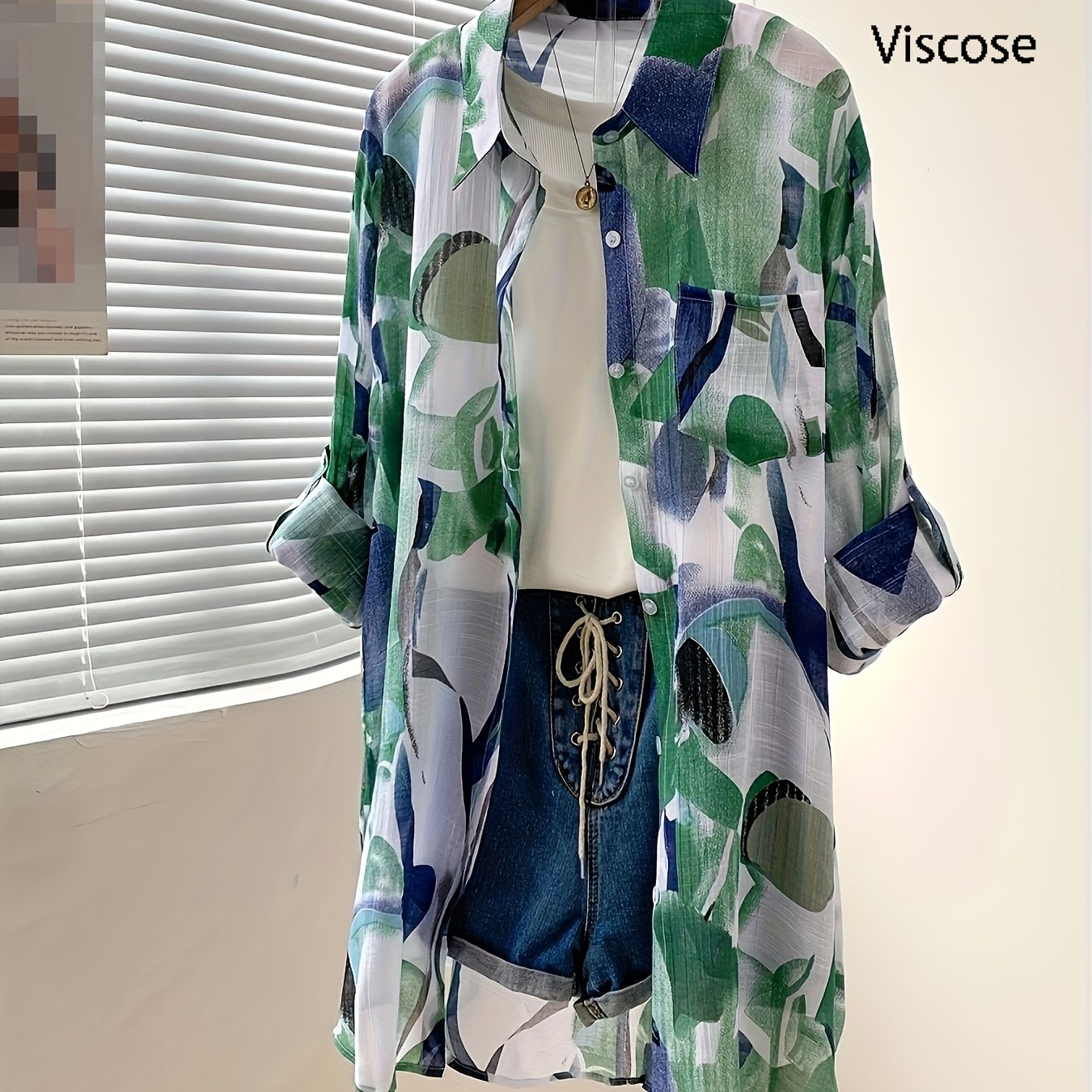 Image of New Stylish Thin Semi-transparent Geometric Print Long Sleeve Shirt, Loose Fit Casual Button-up With Sleeves, Mid-length Cardigan Blouse For Women, Fashionable And Designer