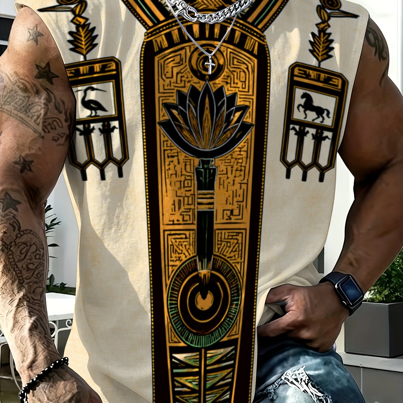 TEMU Men's Vest, New Summer Vintage Egyptian Totem Print, Trendy Anime Pattern, Sports & Fitness Waistcoat, Outerwear, Fashionable Loose Fit, Casual