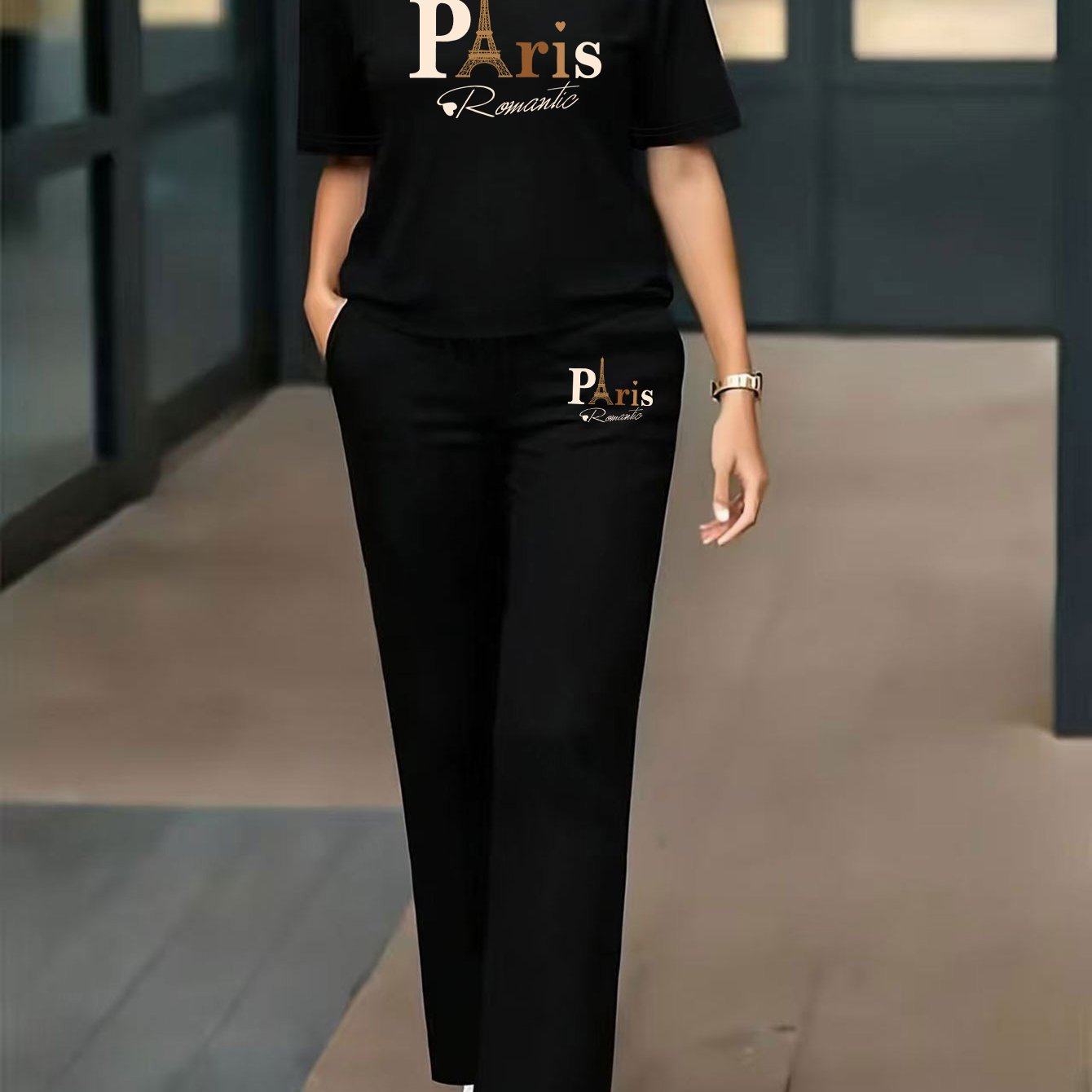 TEMU Women's Spring Summer Size Women's Clothing Printed Short Sleeve T-shirt Top Casual Long Pants Set