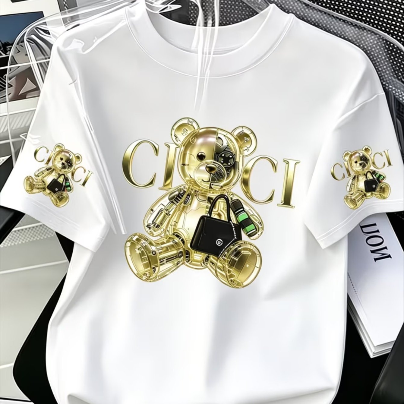 TEMU 2026 New Casual T-shirt, Daily Versatile Top Signature 3d Lettering With Warm Golden Glass Texture Handbag Bear Print Top, Balancing Daily Wear