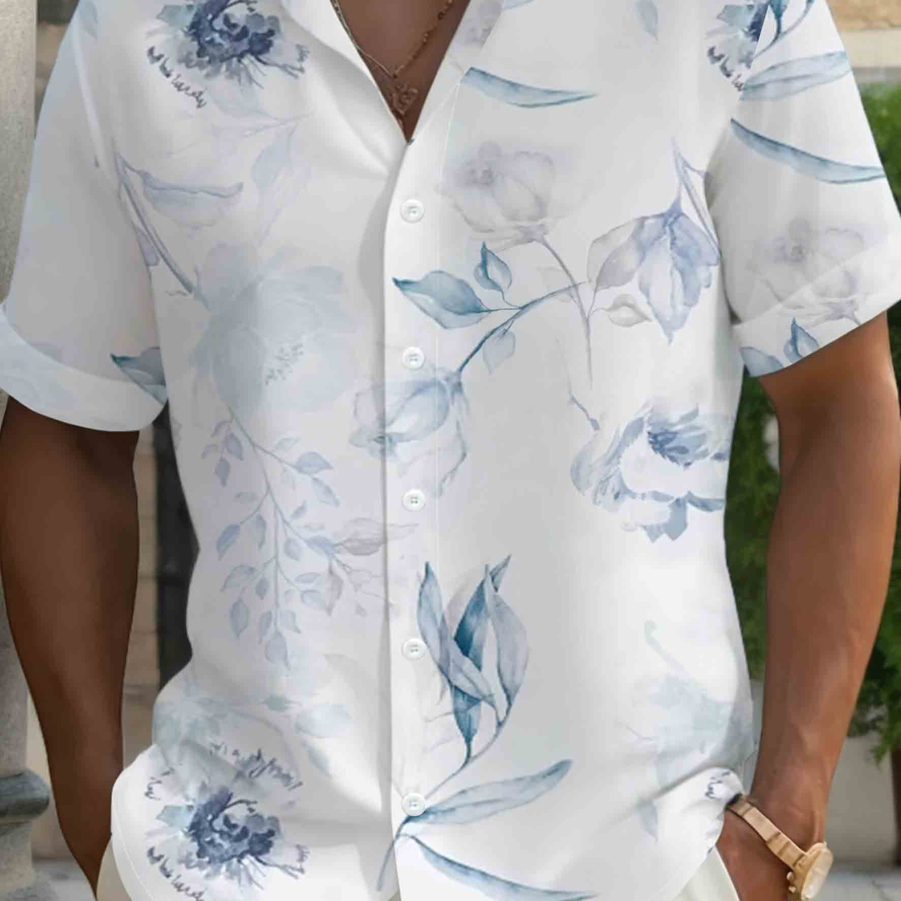 TEMU Men's Casual Shirt, Light Blue Floral Print Pattern Theme, Print Shirt, Lapel Top, Casual Fashion Men's Shirt