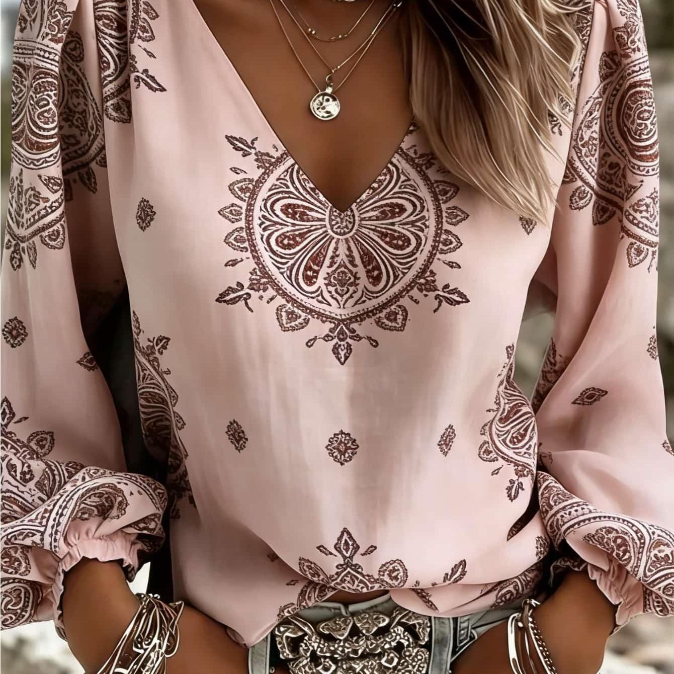 New 2026 Women's Vintage Western Horse Pattern Printed Long-sleeve Shirt With V-neck Design, Perfect For Spring And Summer Casual Wear. This Elegant And Loose Top Is Suitable For , Machine Washable