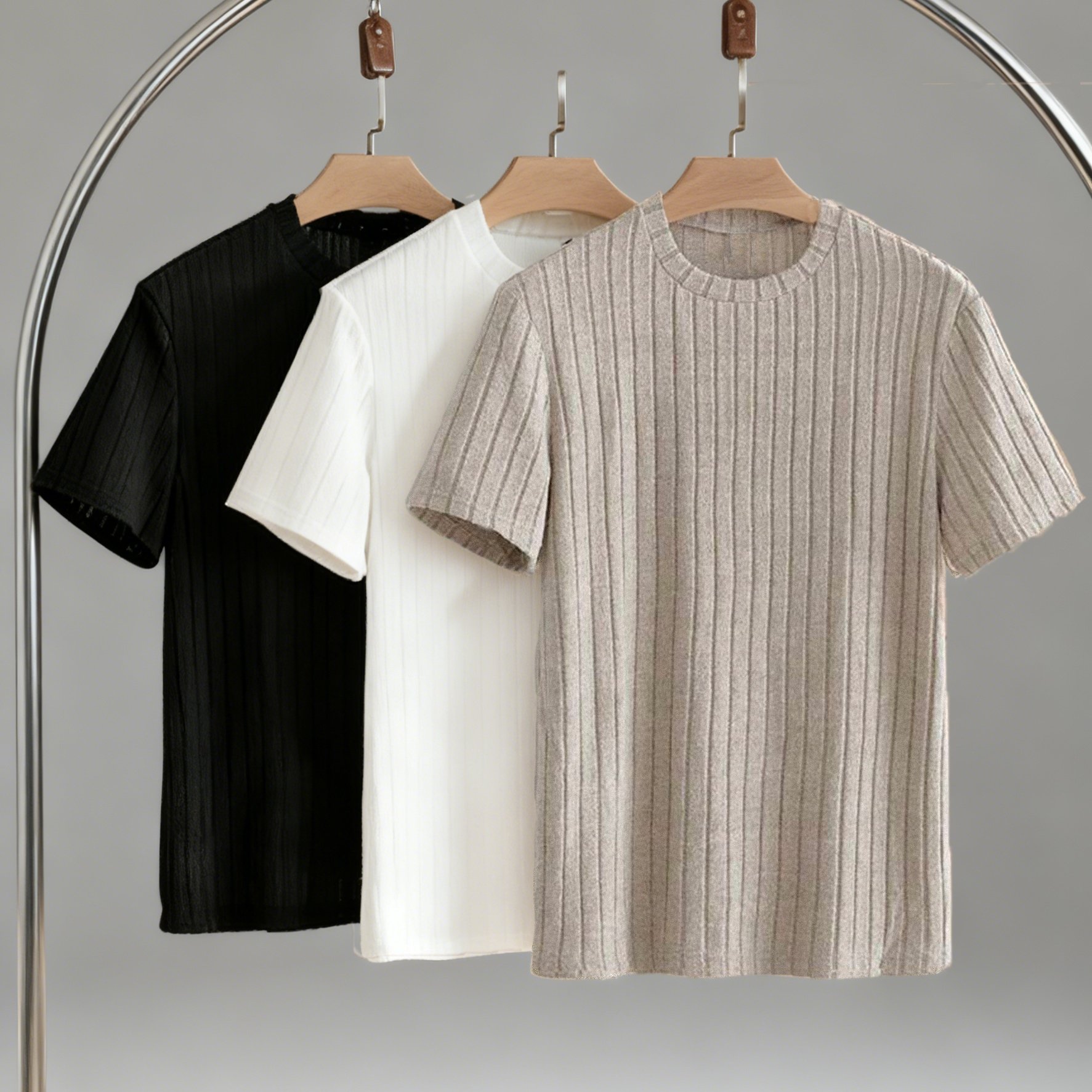 TEMU Men's Casual Easy Style 3-color Vertical Striped Knit Round Neck Short Sleeve T-shirt 3pcs Set, Daily Leisure Multi-scene Outfit Top Combination