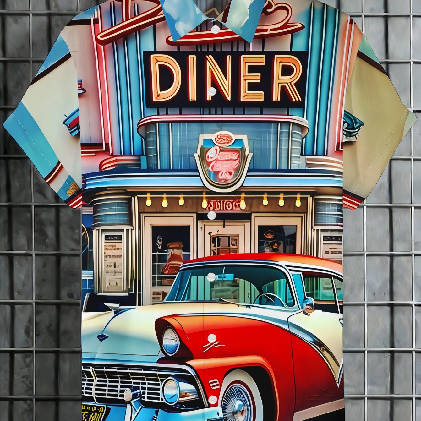 TEMU Short-sleeved Shirt Featuring A Vintage Restaurant And