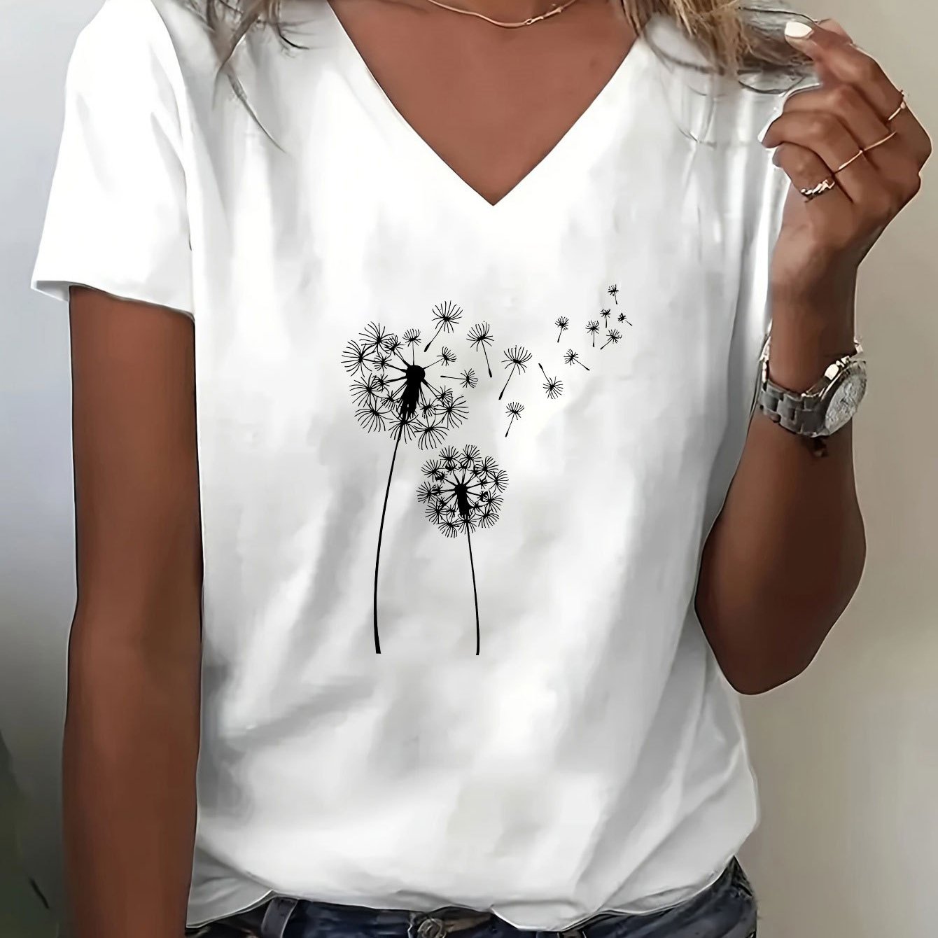 TEMU Women's Soft V-neck Short Sleeve T-shirt - Black Casual Letter Print Top, Breathable & Machine Washable, For Casual Attire