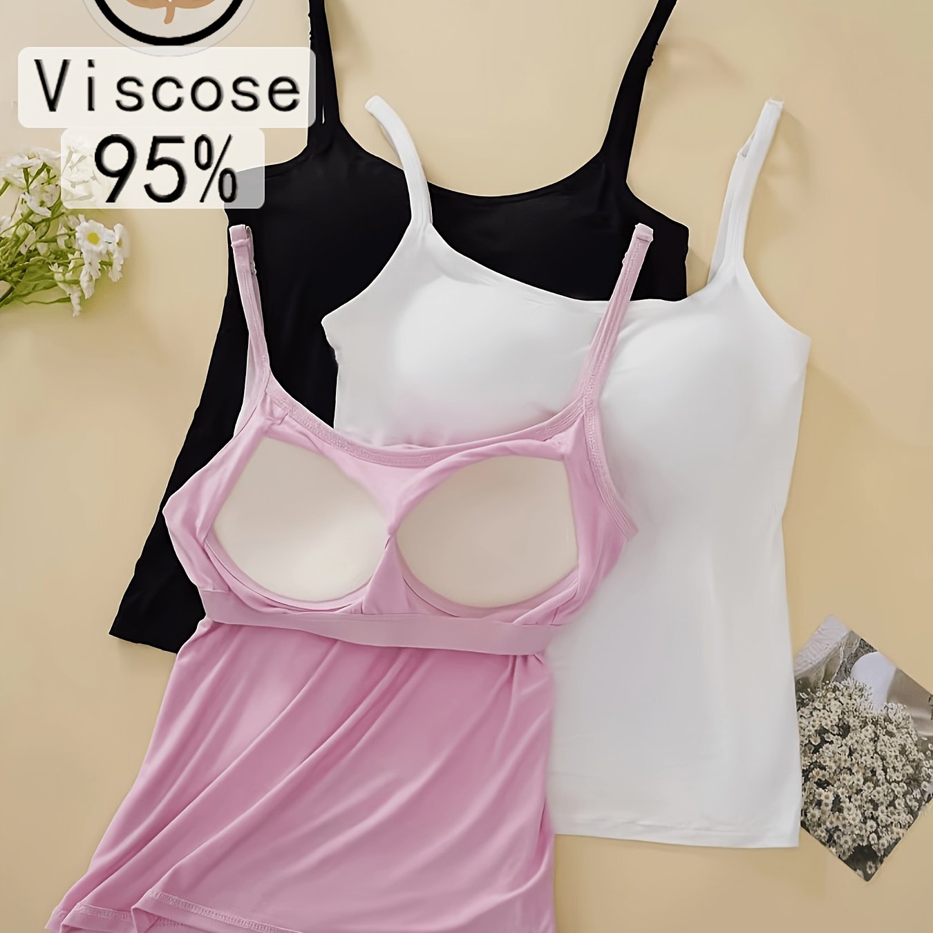 3pcs Women's Tank Tops With Built-in Bras, Padded Wearable Vests, High-stretch Home Tops
