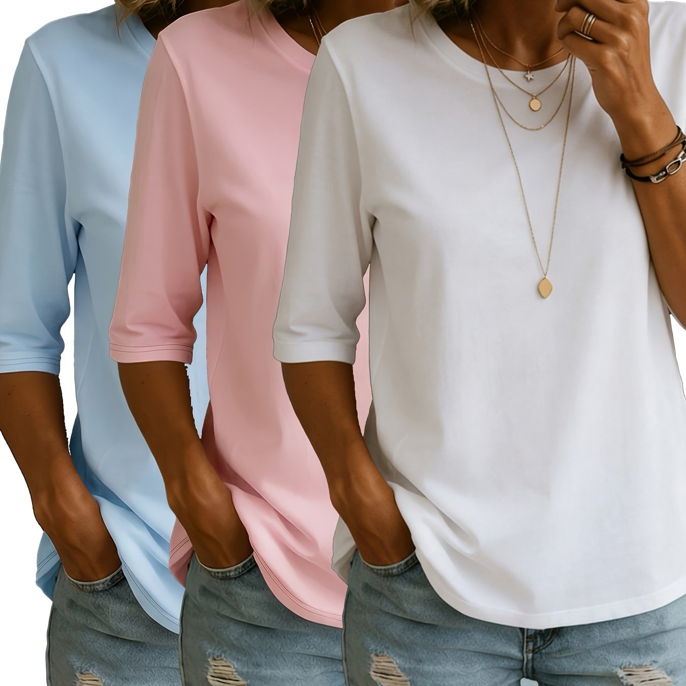 TEMU KYDX--Set da 3 pezzi T-shirt da donna a a media , maglietta basic casual, top i