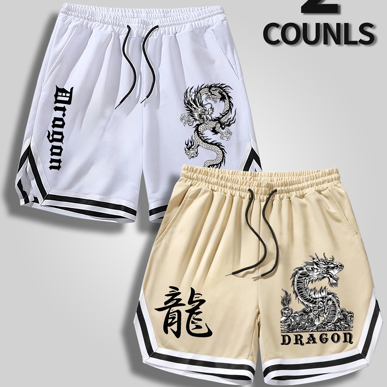 TEMU 2pcs Men's Color- Printed Shorts With Flame And Letter Patterns, Featuring A Drawstring Waist And Pockets, Summer Street Fashion Shorts