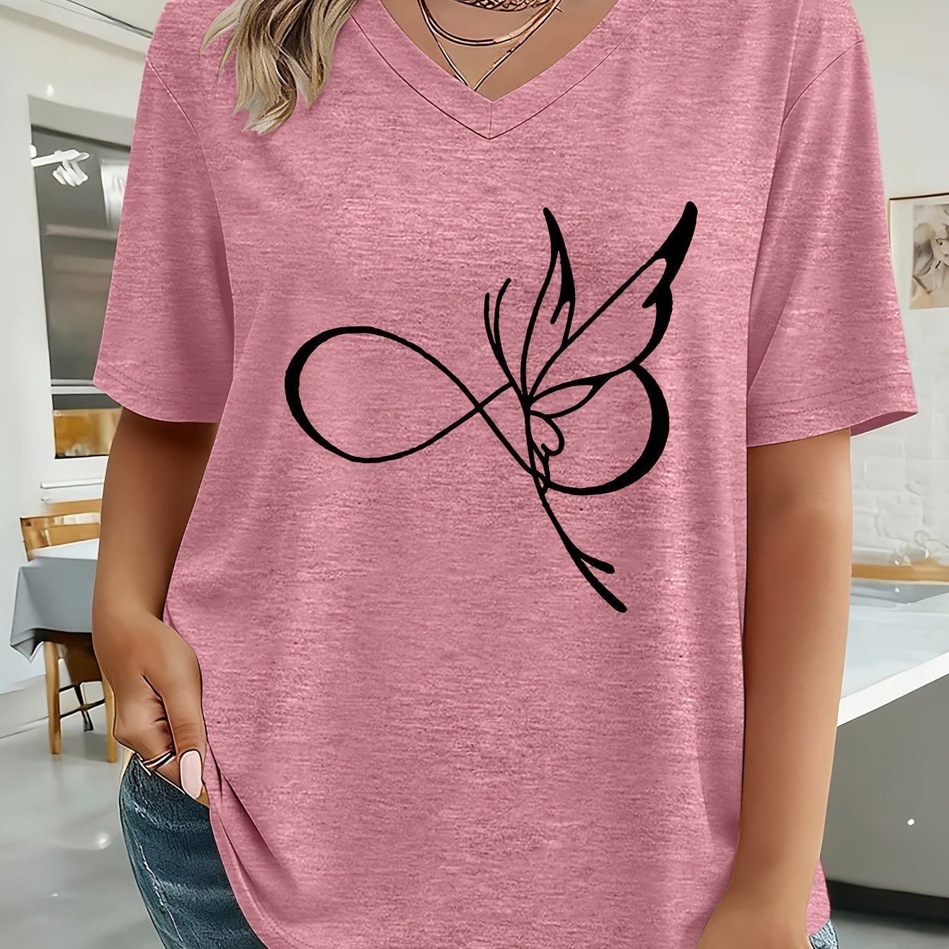TEMU Plus Size, /summer Plus Size Women's Fashion Minimalist Print Loose Drop Shoulder Short Sleeve T-shirt, High-quality Casual V-neck Top, Cute