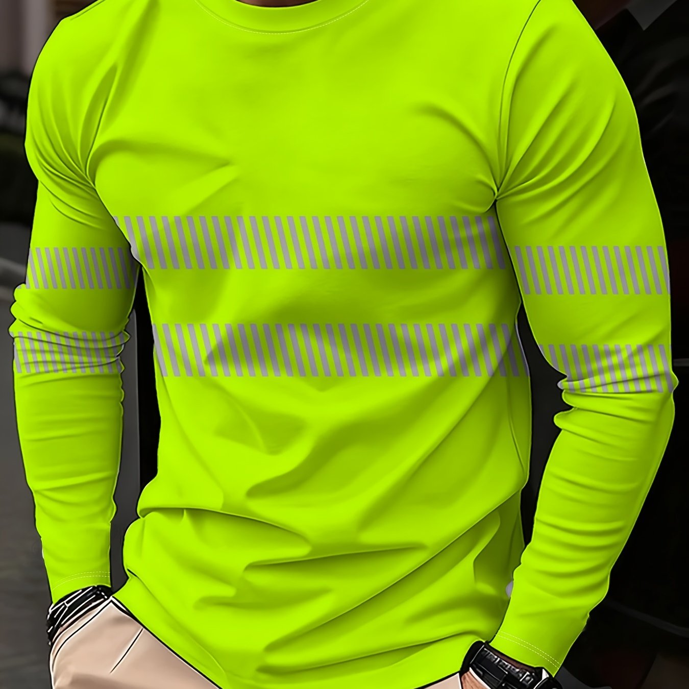 TEMU Men's Striped Round Neck Long Sleeve T-shirt, Lightweight Breathable Fabric For Casual Wear, Print Design, Durable Material