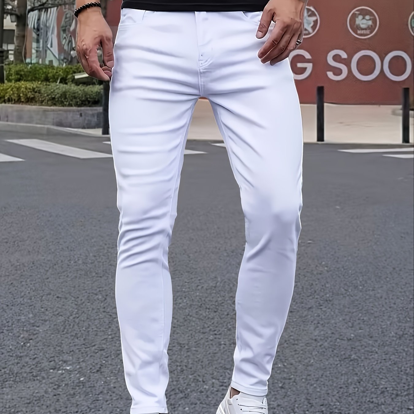 Solid Color Men's Jeans, Fashionable, Easy, Versatile, White Denim Casual Pants, New Four-season Stretch Slim-fit Small-leg Pants, Korean Style Men's Clothing, Youth Fashion Long Trousers