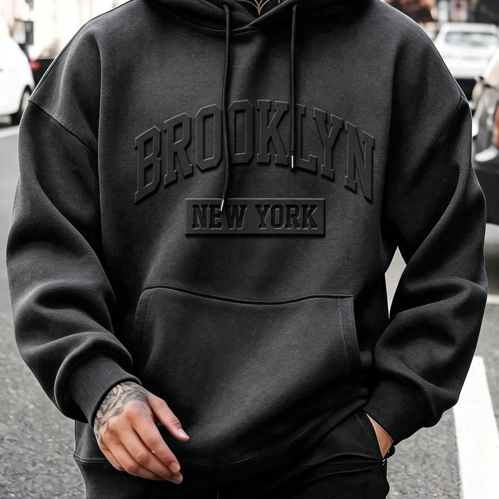 TEMU Sweat à capuche oversize pour homme Brooklyn avec lettrage 3D en , pull streetwear décontracté d'automne, d'automne