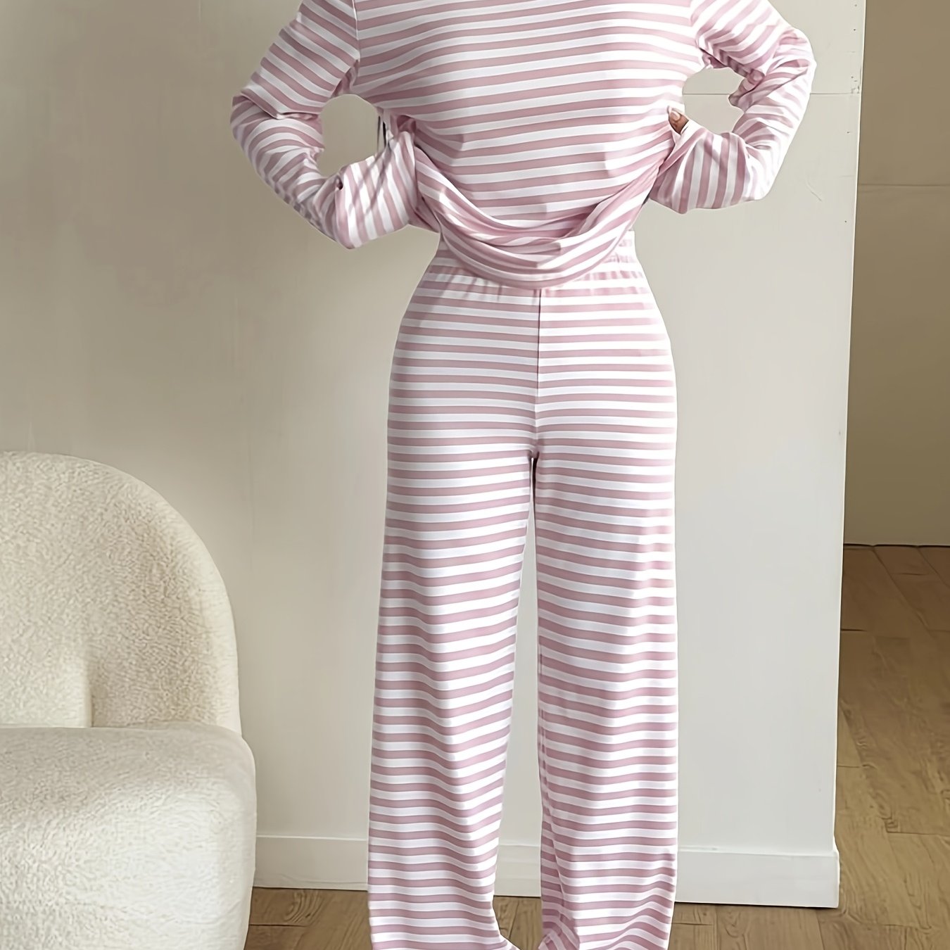TEMU Striped Round Neck Long Sleeve Two-piece Set, Comfortable Loungewear, Suitable For Daily Home And , Women's Casual Elegant Suit