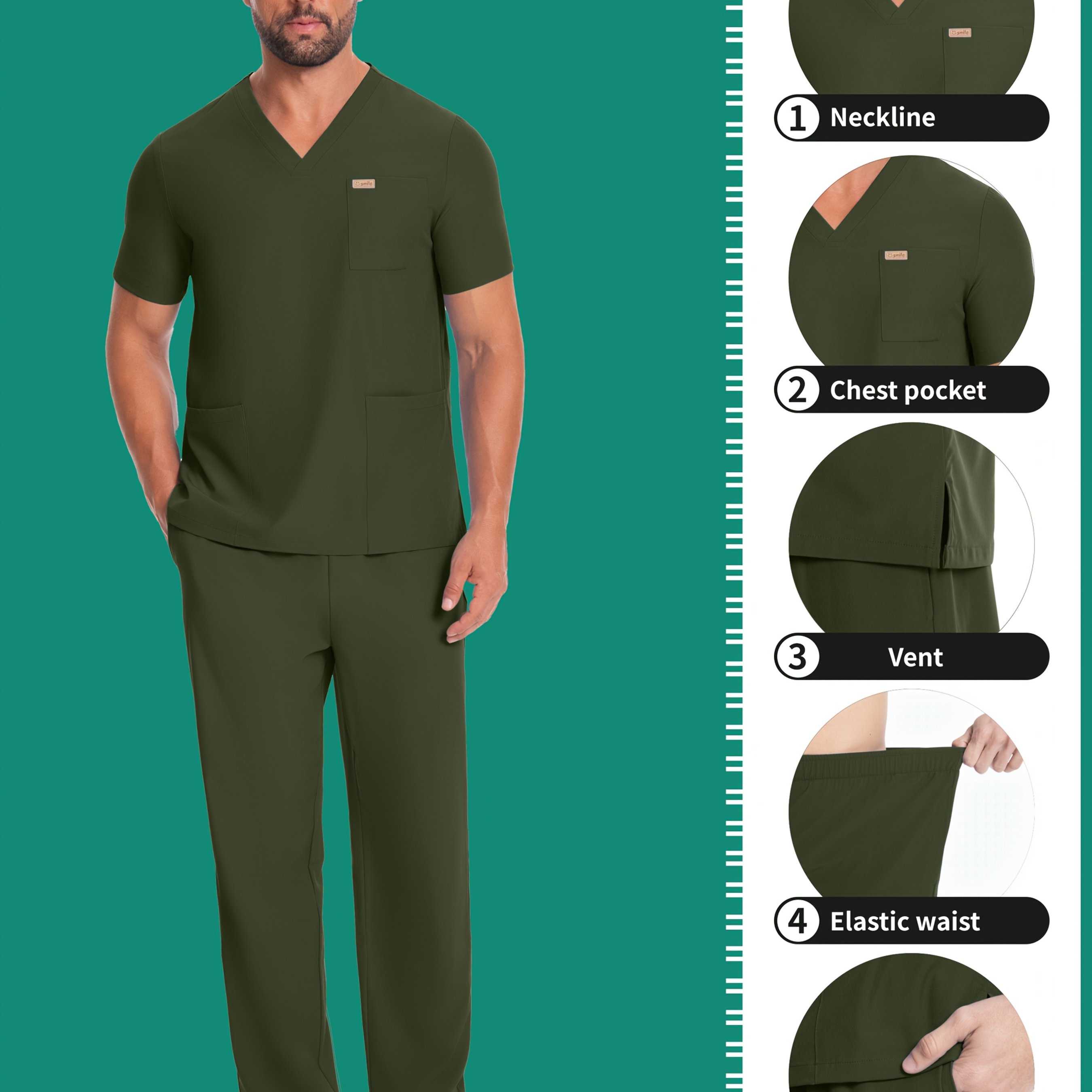 TEMU Men's Short Sleeve Workwear Set, Elastic V-neck Top With Chest Pocket, Breathable, Regular Fit, Solid Color, Laboratory Coat, Hand Wash, Pet