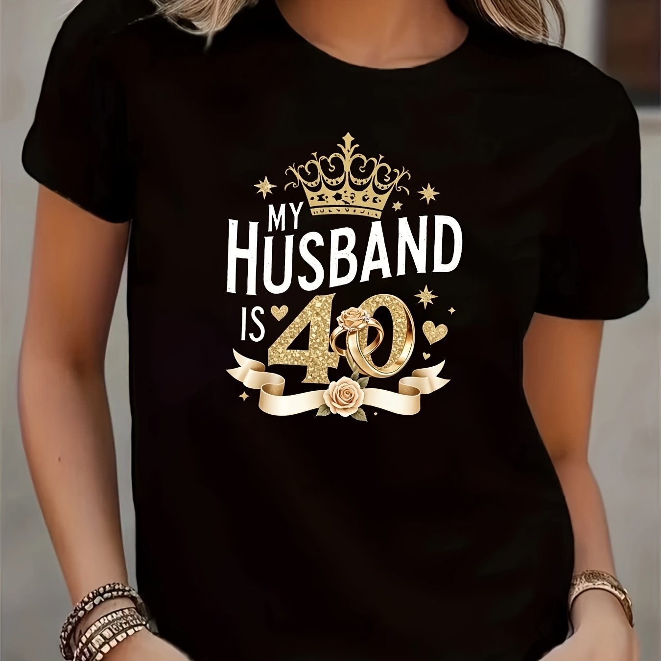 TEMU Wife's Husband 40th Birthday Themed T-shirt, Crown Ring Shimmering , Couple's Commemorative Casual Top, Round Neck Spring/summer Short Sleeve,