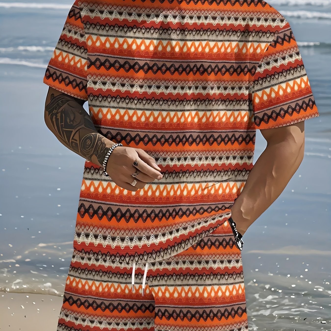 TEMU Men's Summer Round Neck 3d Printed Polyester Outdoor Sports Casual Cycling Pajamas Multifunctional Short Sleeve T-shirt Set, Plus Size