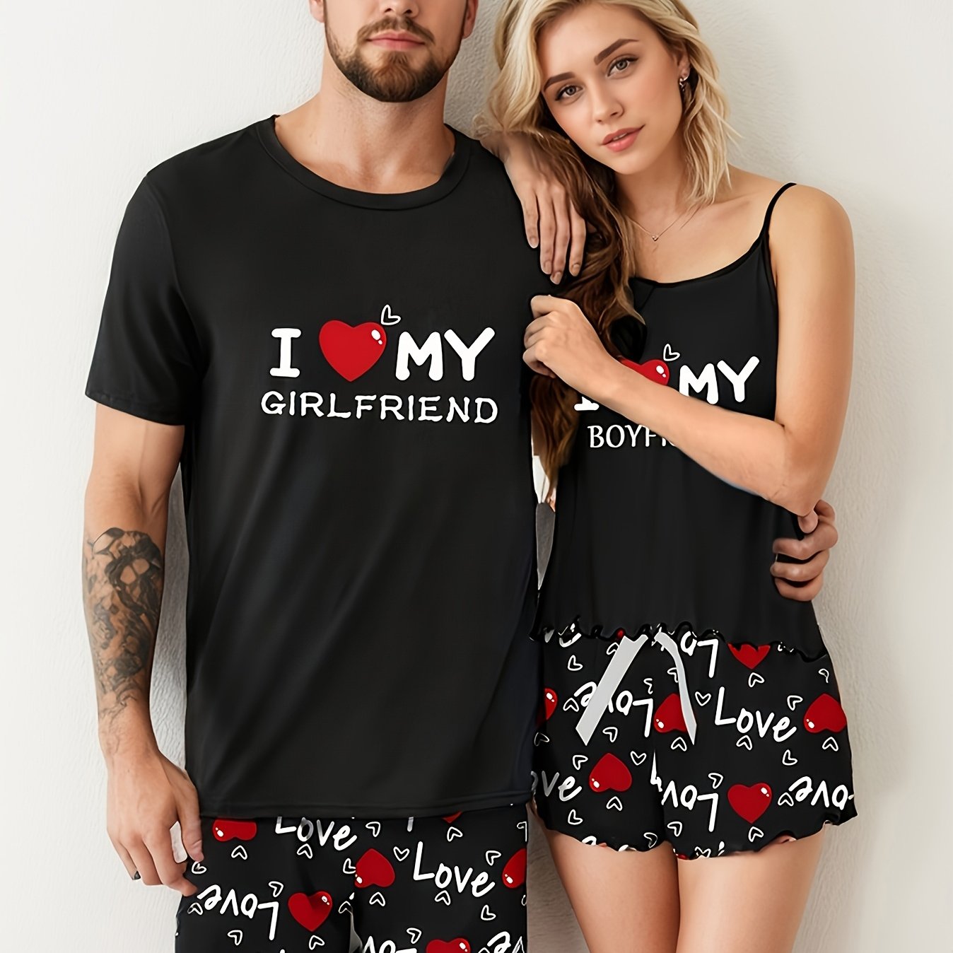 E-shop Herren/Damen Romantischer Valentinstag Paar-Stil Loungewear, Herz-Buchstaben-Druck Pyjama-Set, Herren Kurzarm-Shorts oder Damen Camisole-Shorts,