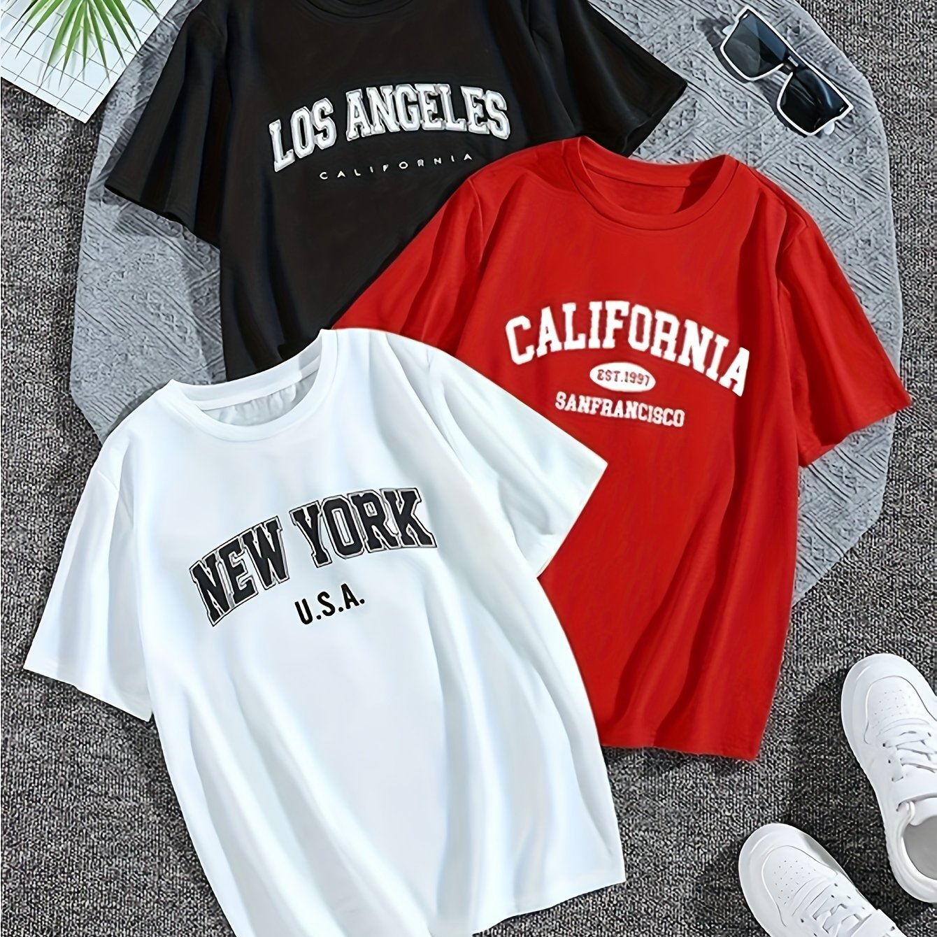 TEMU 3pcs Loose Fit Preppy Lettering Crew Neck Short Sleeve T-shirt Set