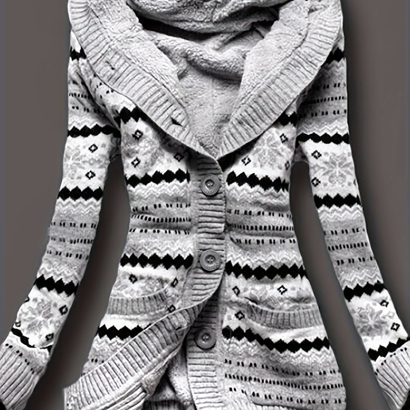 Image of Autumn Winter New Fleece Thickened Printed Hooded Cardigan Jacket Casual Warm Women's Coat Mid-long Length Sweater Cardigan