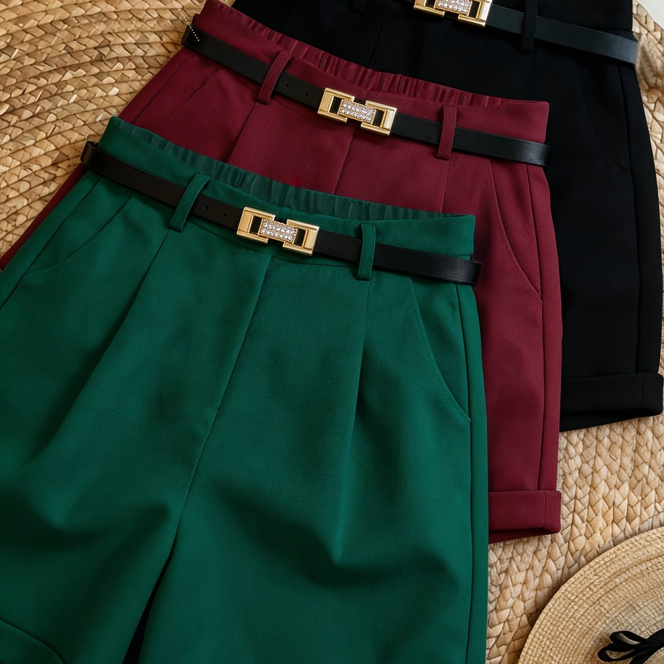 TEMU Fashionable And Elegant High-waisted Shorts Three-piece Commuter Versatile Casual Shorts Three-piece Set With 1 Belt