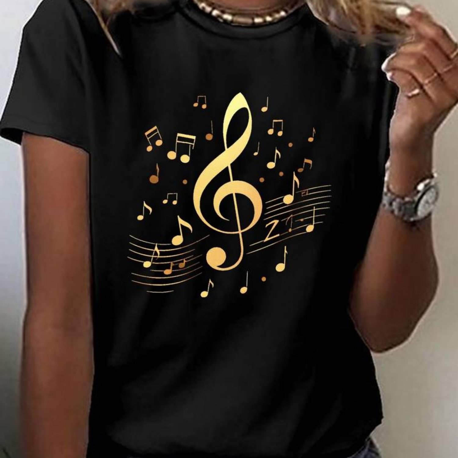 TEMU Women' Note & Treble Clef T-shirt - Short Sleeve Round Neck Casual Top With Golden Musical Symbols, With For Musicians & Music Lovers, Spring