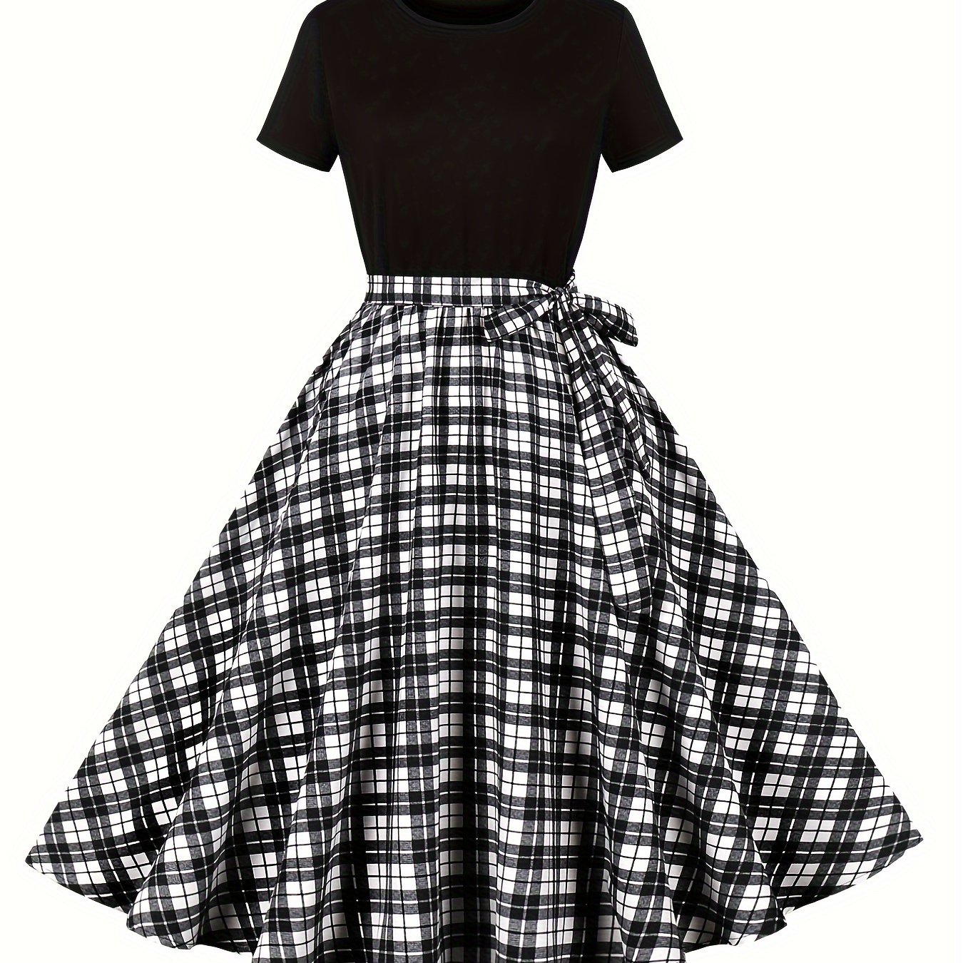 Image of Elegant Short-sleeve Checkered Party Dress With Belted -line Silhouette - Stretch Summer Dress Suitable For Parties, Weddings & Casual Outfits
