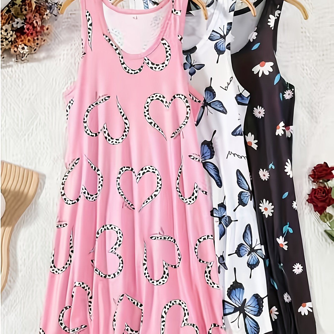 TEMU 3pcs Lady's Plus-size Pajama Dress - Loose And Comfortable Fabric, Wear, Plus-size Cartoon Vest Dress, Suitable For Outdoor Wear