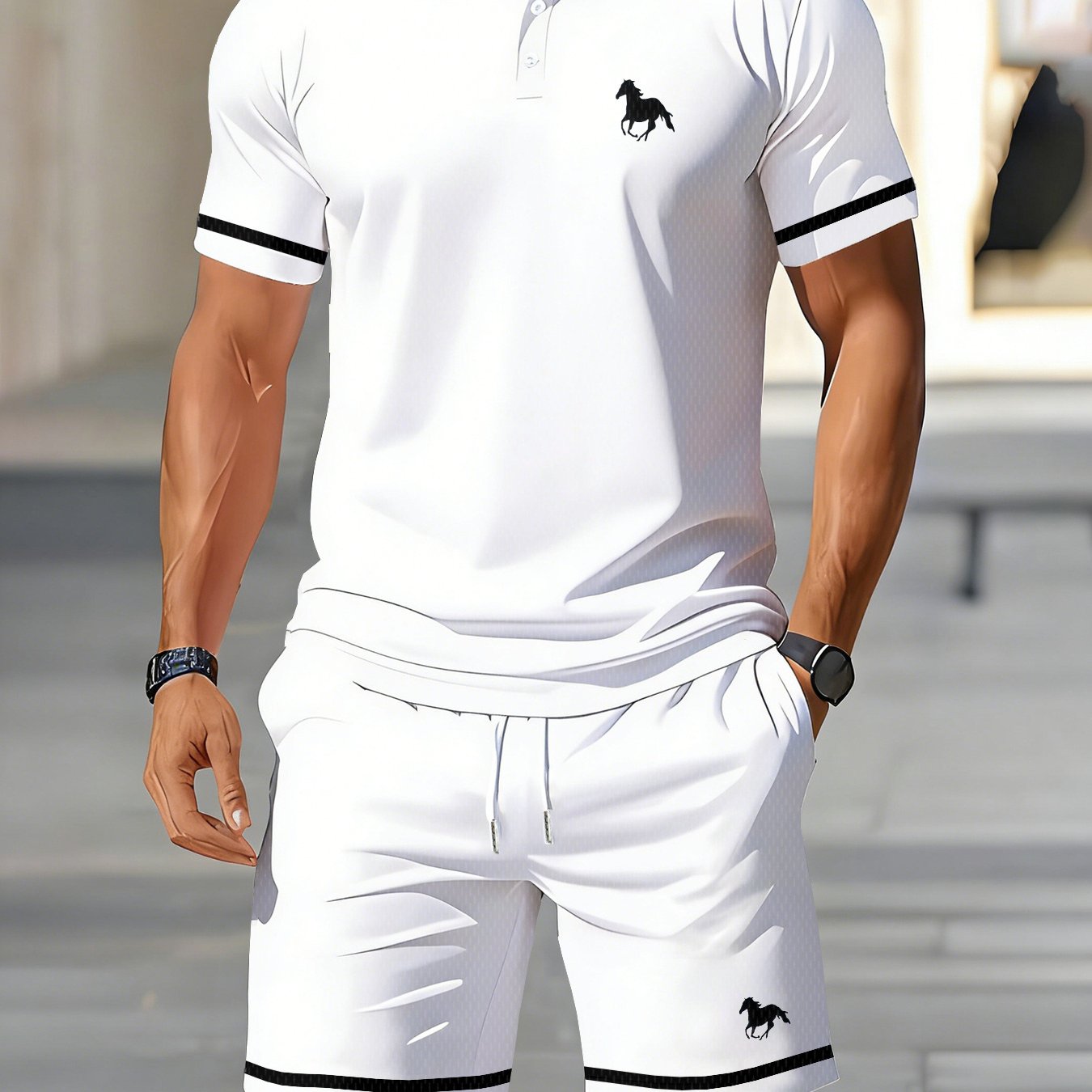 TEMU - Men's Set, Small Striped Pattern, Short Sleeve Collared Shirt With Drawstring 2pcs Set, Casual Wear For Young Men, Outfits, Light Luxury
