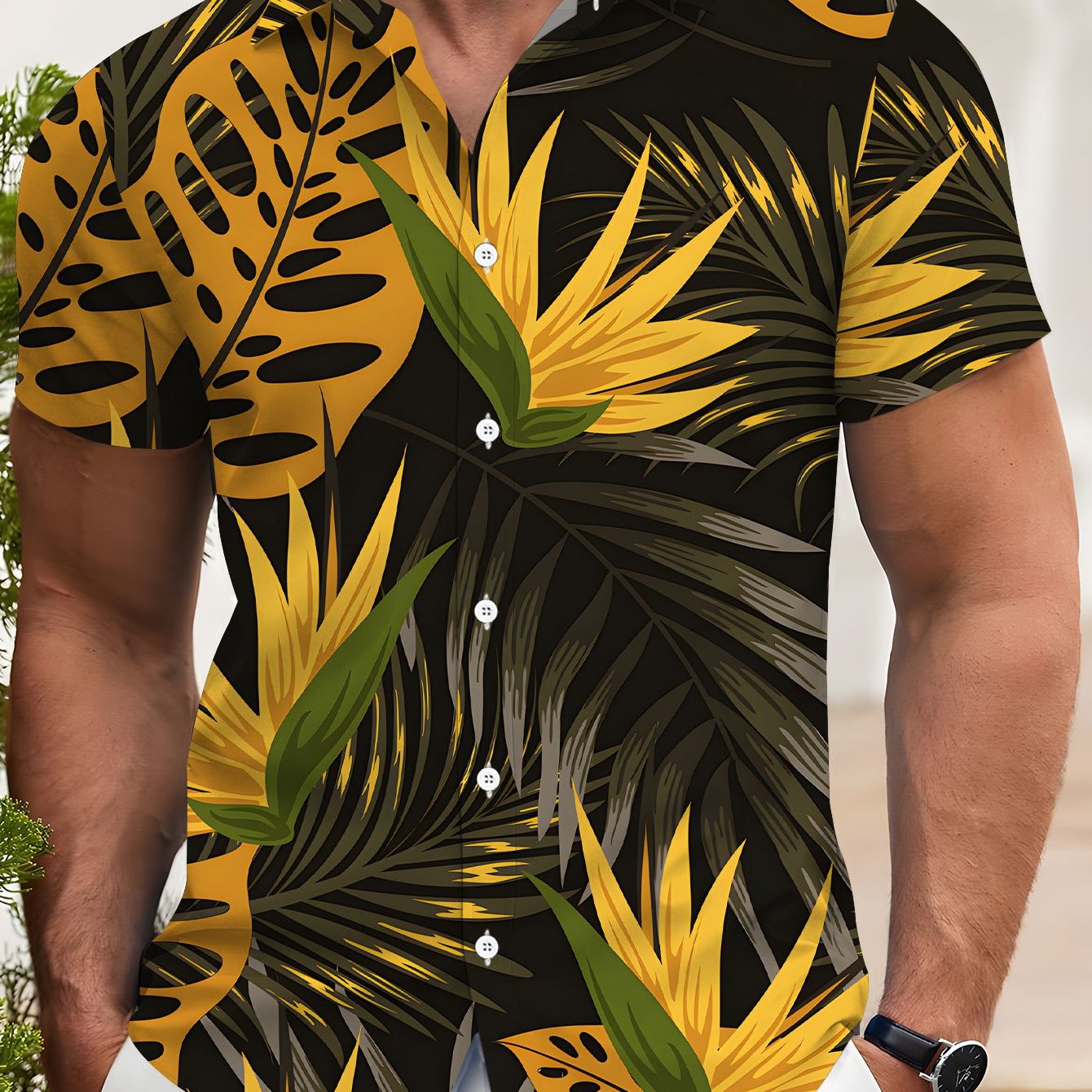 TEMU [printed Design Nottextured] Men's Tropical Print Short Sleeve Shirt - Vibrant Full Leaf And , Regular Fit Button Casual Top, Breathable Fabric