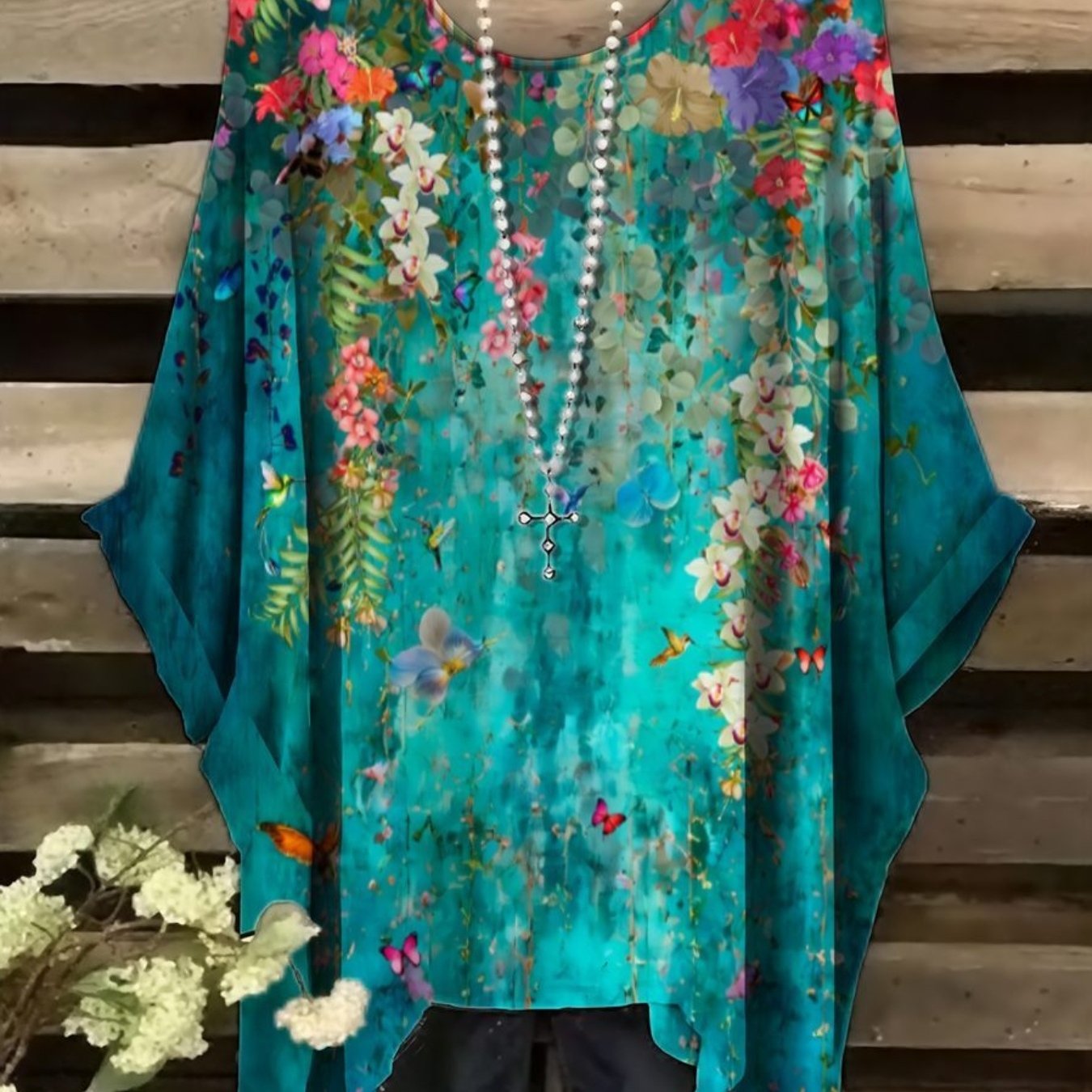 Plus Size - 0xl-9xl Plus Size Women's Clothing, Women's Large Floral Print Top - Turquoise Loose-fit Shirt, Soft Machine-washable Fabric Suitable For Everyday And Formal Occasions