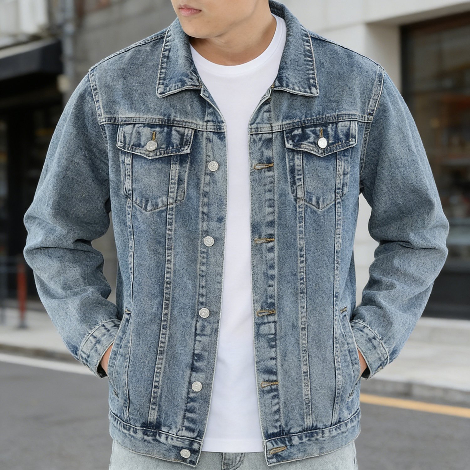 Hme-032 Men' Blue Distressed Washed Denim Jacket High-street Casual Cargo Coat Retro Versatile Denim Top