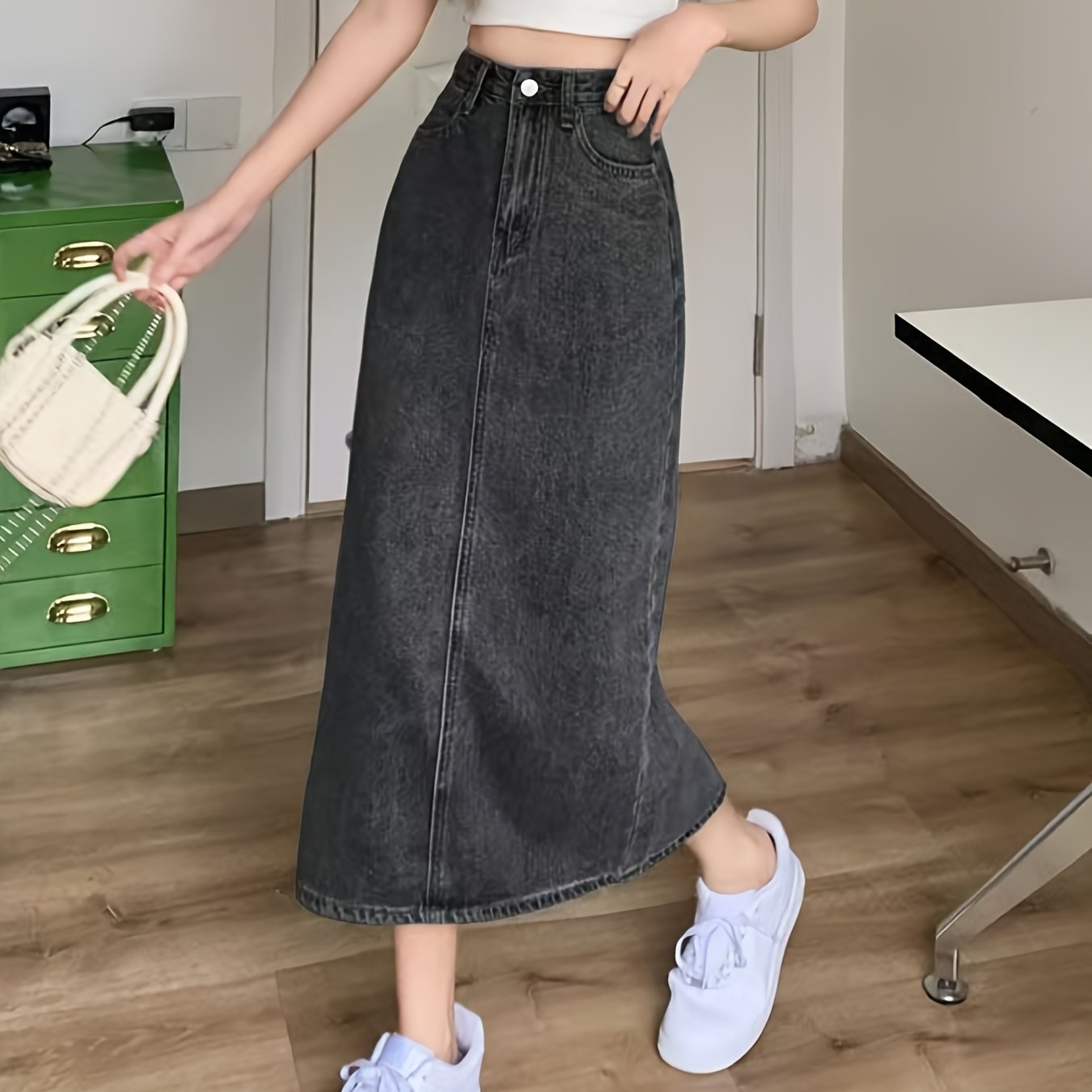 TEMU 女性用ハイウエストデニムミディスカート、リット＆ポケット付き - 春夏秋のトでカジュアルな万能スタイル、通勤・外出に最適、ジーンズスカート、耐久性のある生地