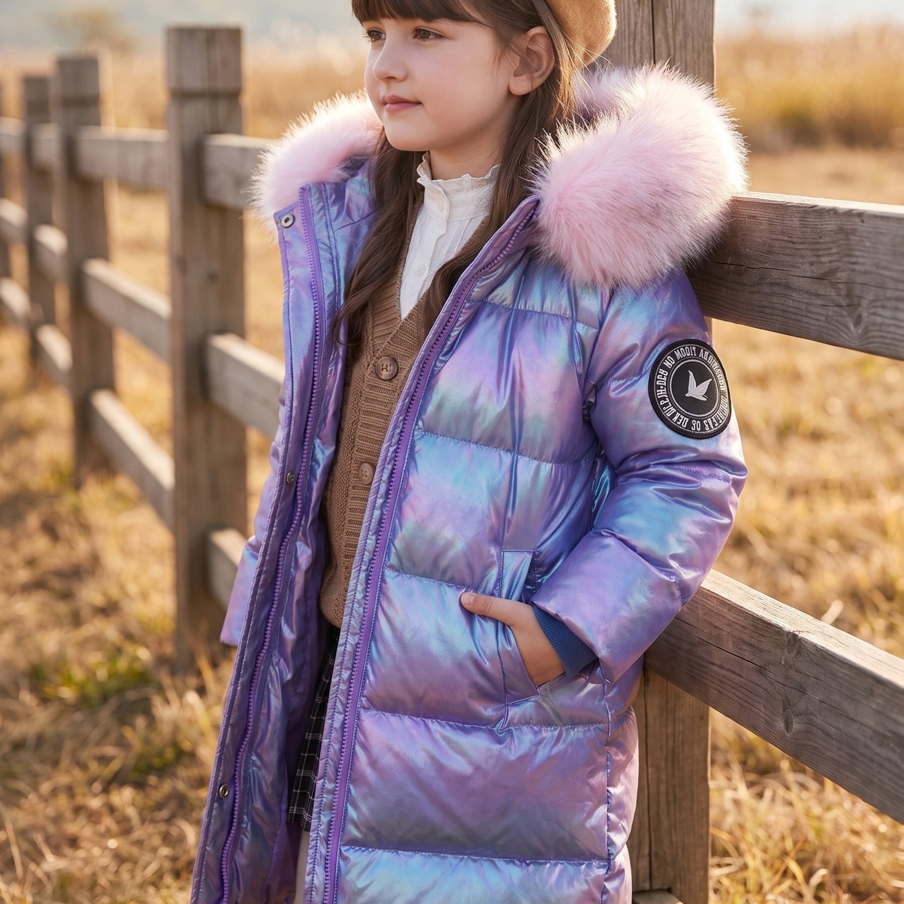 Image of Girls' Hooded Coat, Gradient Iridescent With Texture, Large Collar For Windproof Neck, Suitable For And Outdoor Photography, Light Luxury , Stylish Winter Clothing For Girls