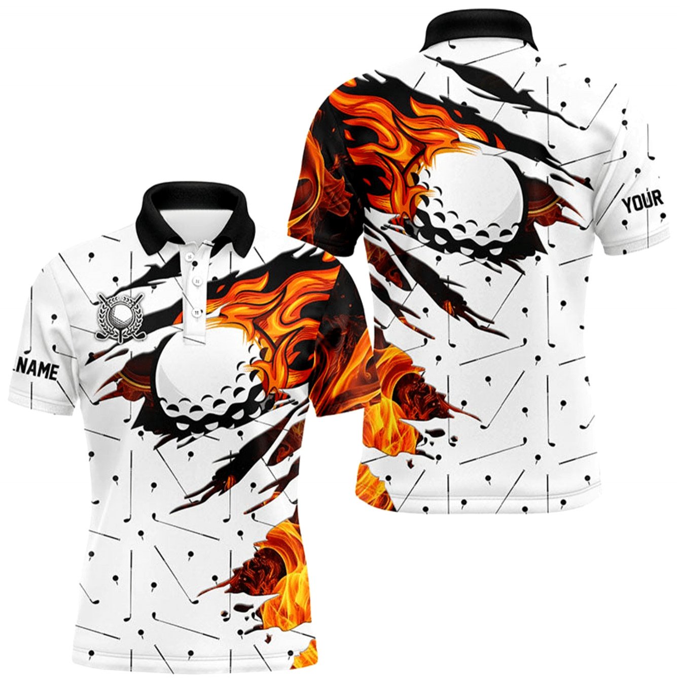 TEMU Printed Design - Not Textured Men's Custom Golf Shirt - Personalized Name, Fashionable Short Sleeve With Lapel Collar, Flame Golf Design, ,