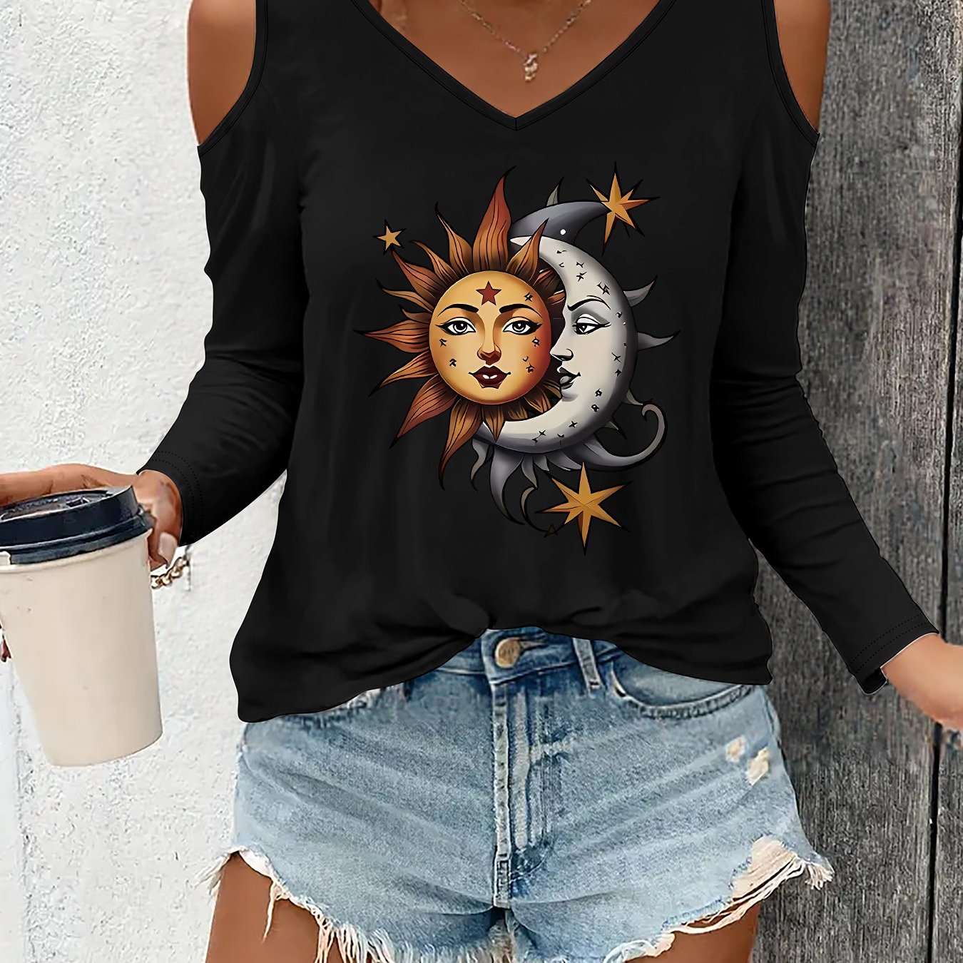 TEMU T-shirt à Imprimé Graphique, Haut Décontracté à Manches Longues et Col en V pour et , Vêtements pour Femmes