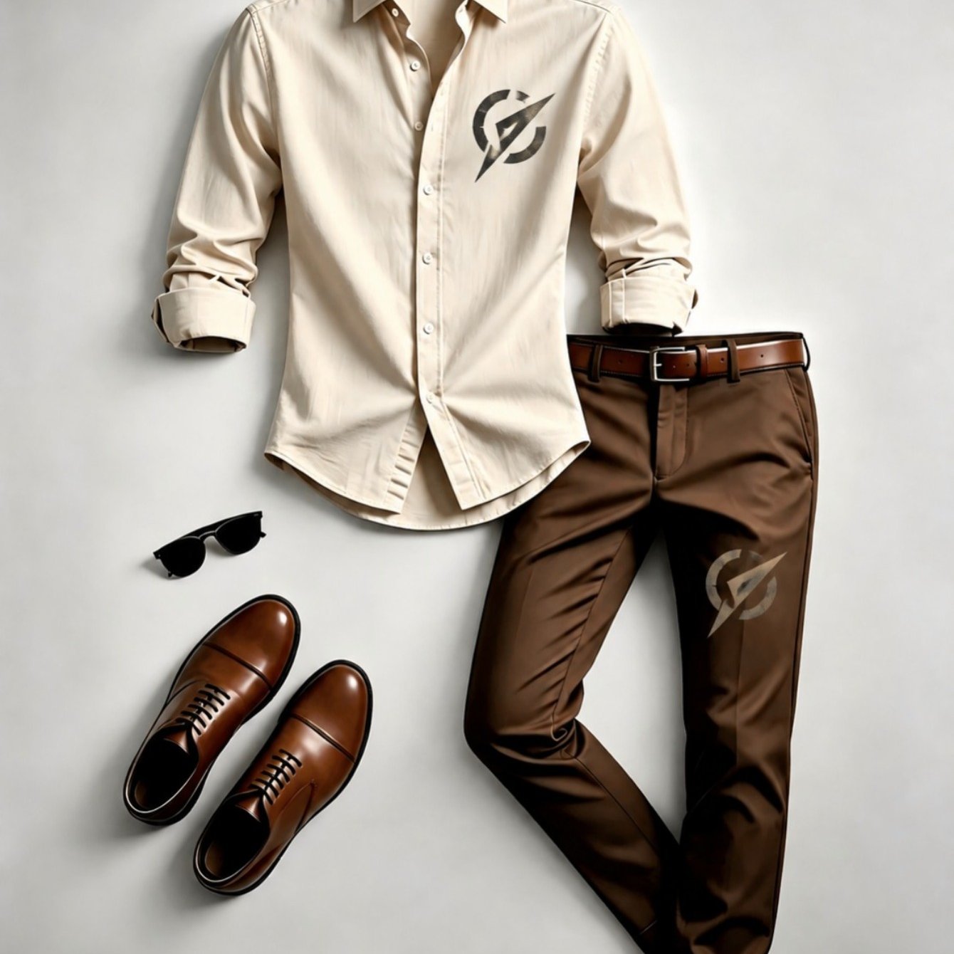 Image of Aw26 Men'-piece Set: Beige Shirt Brown Trousers, For Restaurant Or Living Room Use, Lightweight And Durable, Ss26 Collection, Shoes And Glasses Not Included