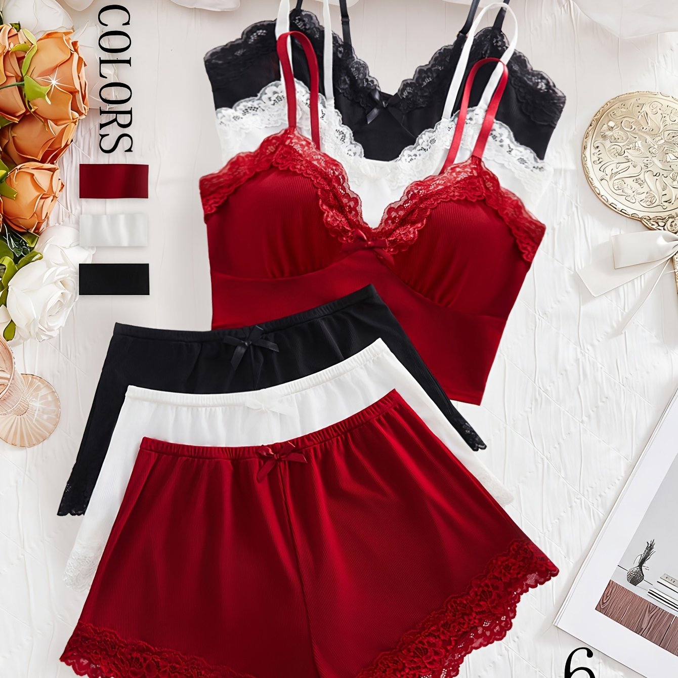 TEMU Conjunto de pijama de 6 piezas de color liso con de encaje, top de tirantes ajustable tipo halter con cuello en V acanalado y conjunto de shorts